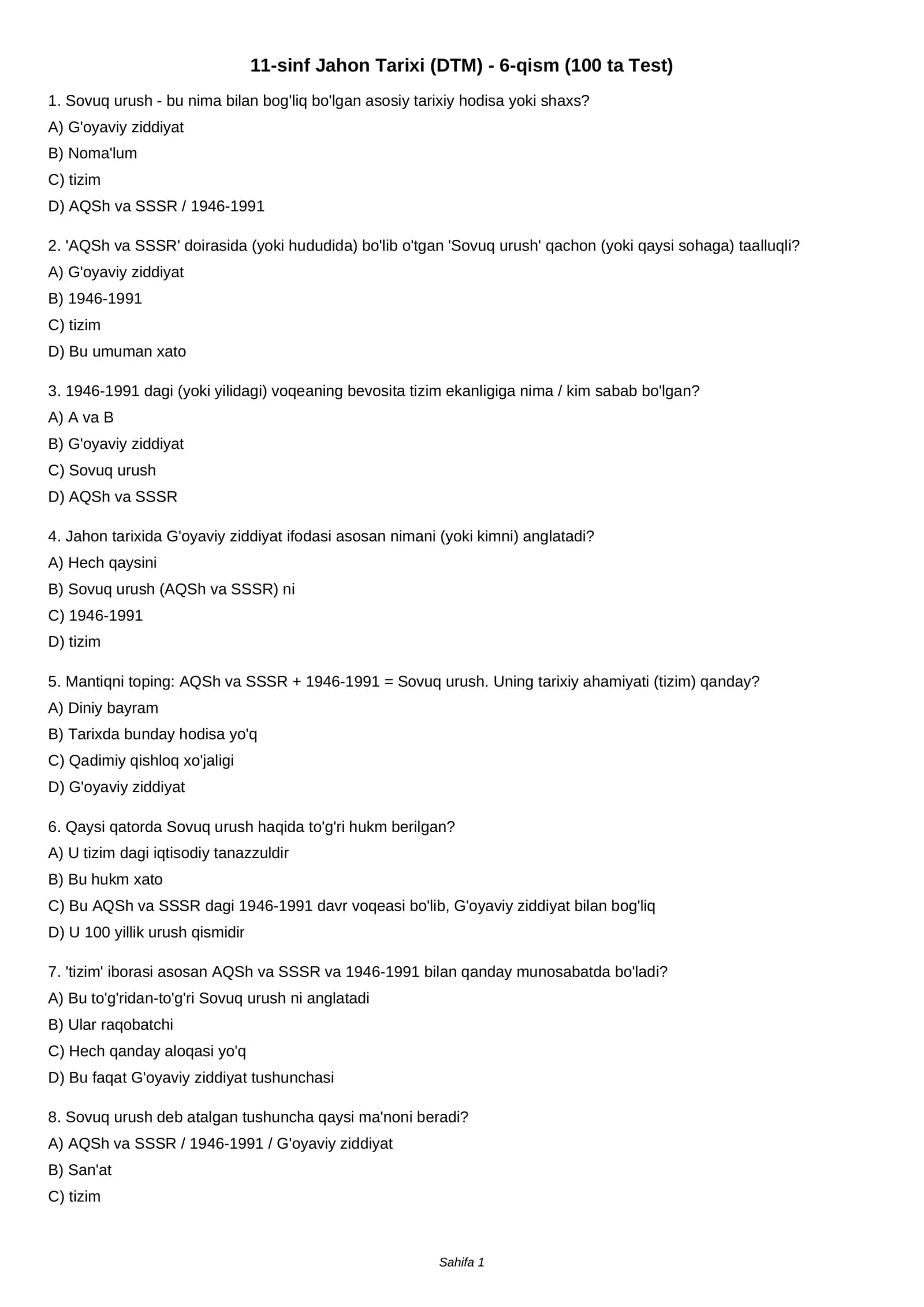 11-sinf Jahon Tarixi (DTM) - 6-qism (100 ta Test)