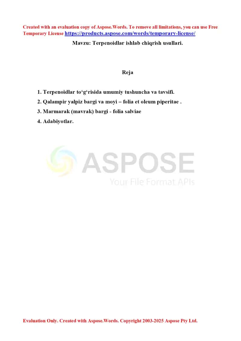 11. Terpenoidlar ishlab chiqarish usullari. Referat 5 bet.