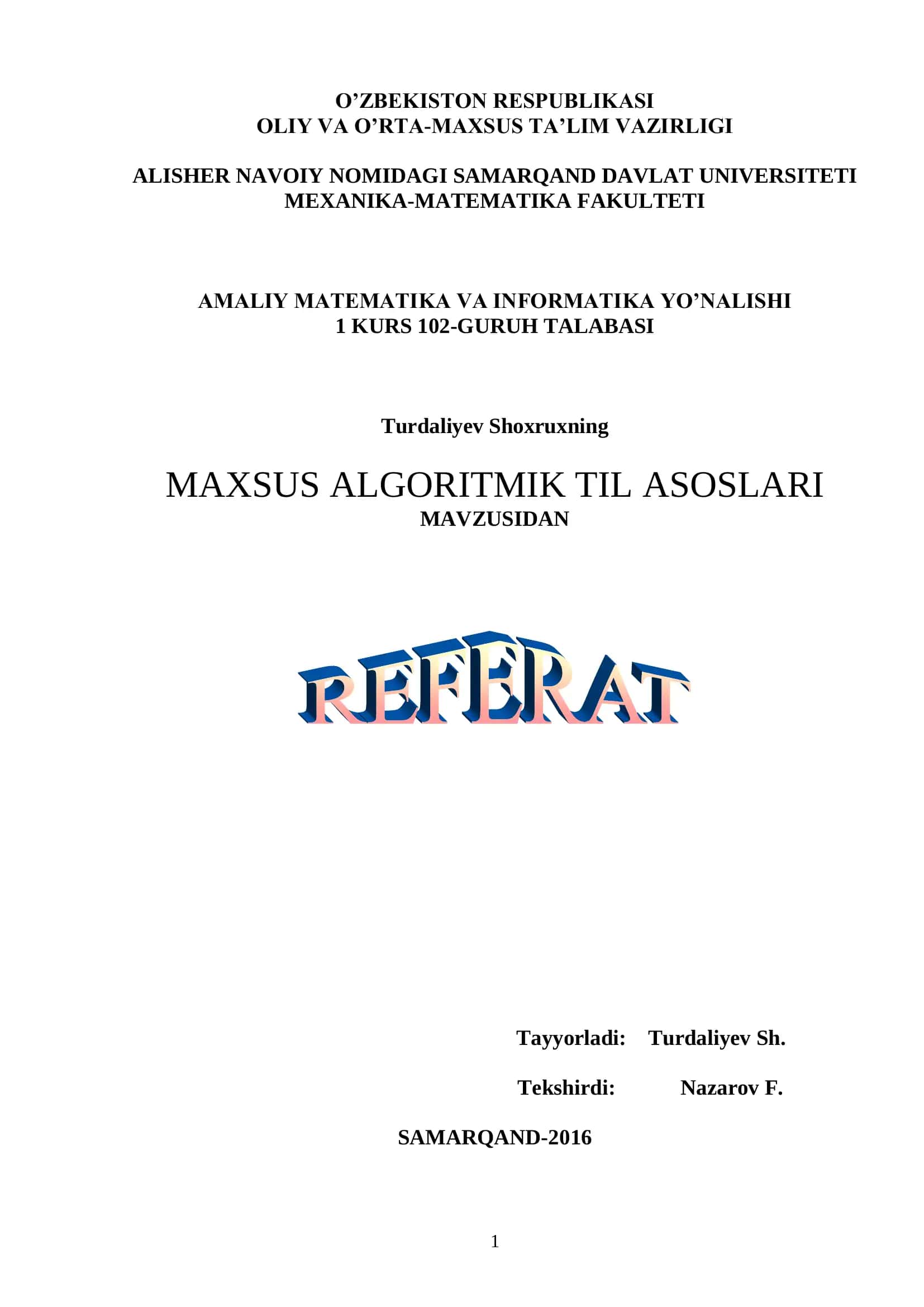 MAXSUS ALGORITMIK TIL ASOSLARI