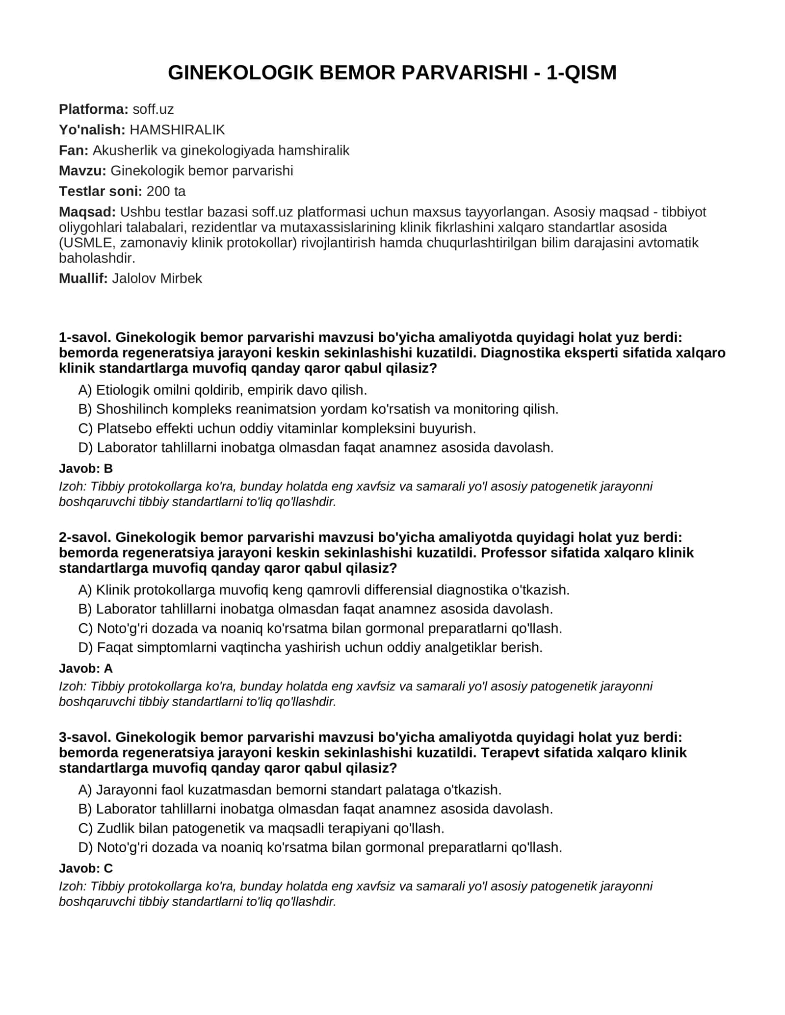 GINEKOLOGIK BEMOR PARVARISHI - 1-QISM