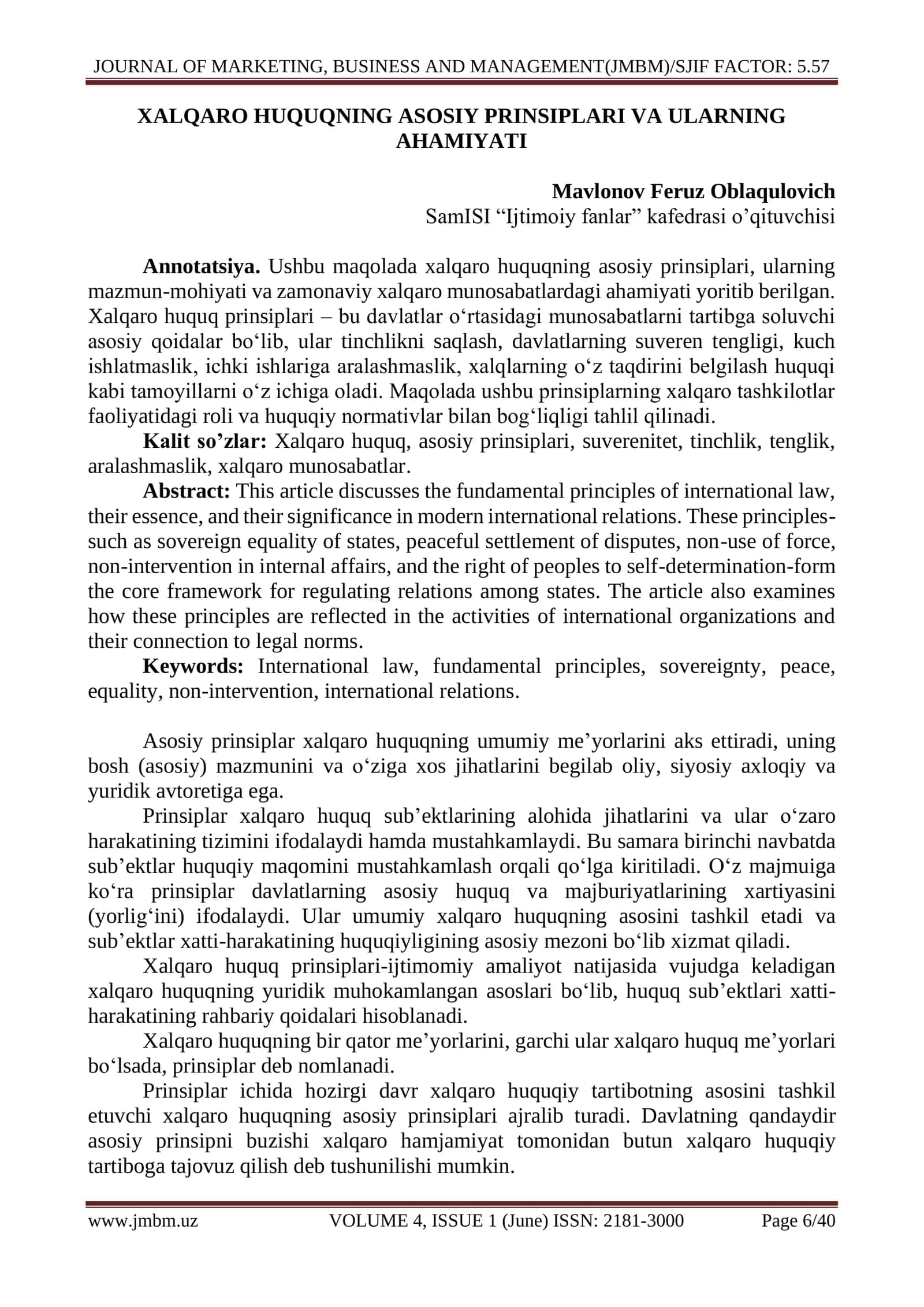 XALQARO HUQUQNING ASOSIY PRINSIPLARI VA ULARNING AHAMIYATI