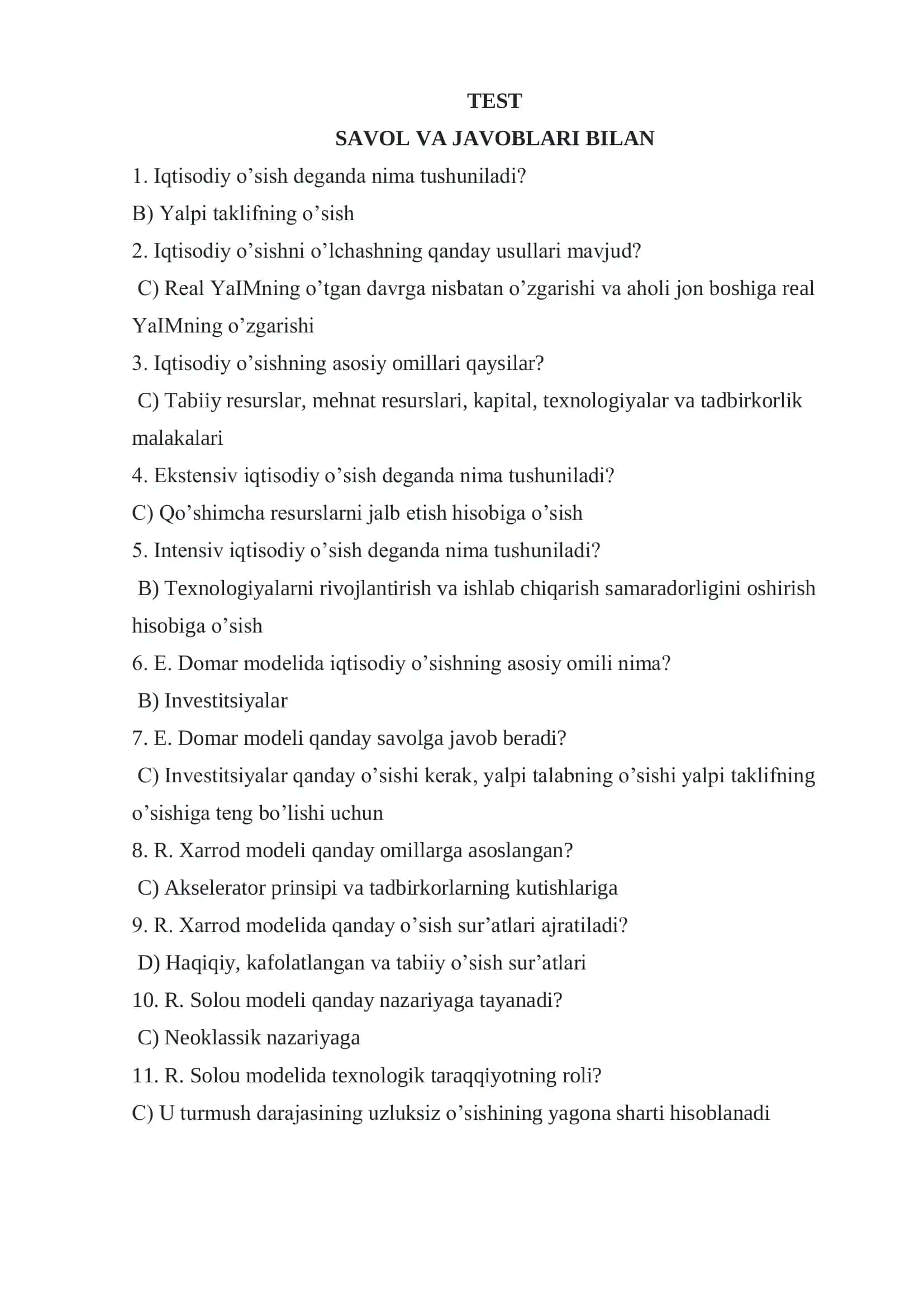 Iqtisodiy o’sish savollari va javoblari