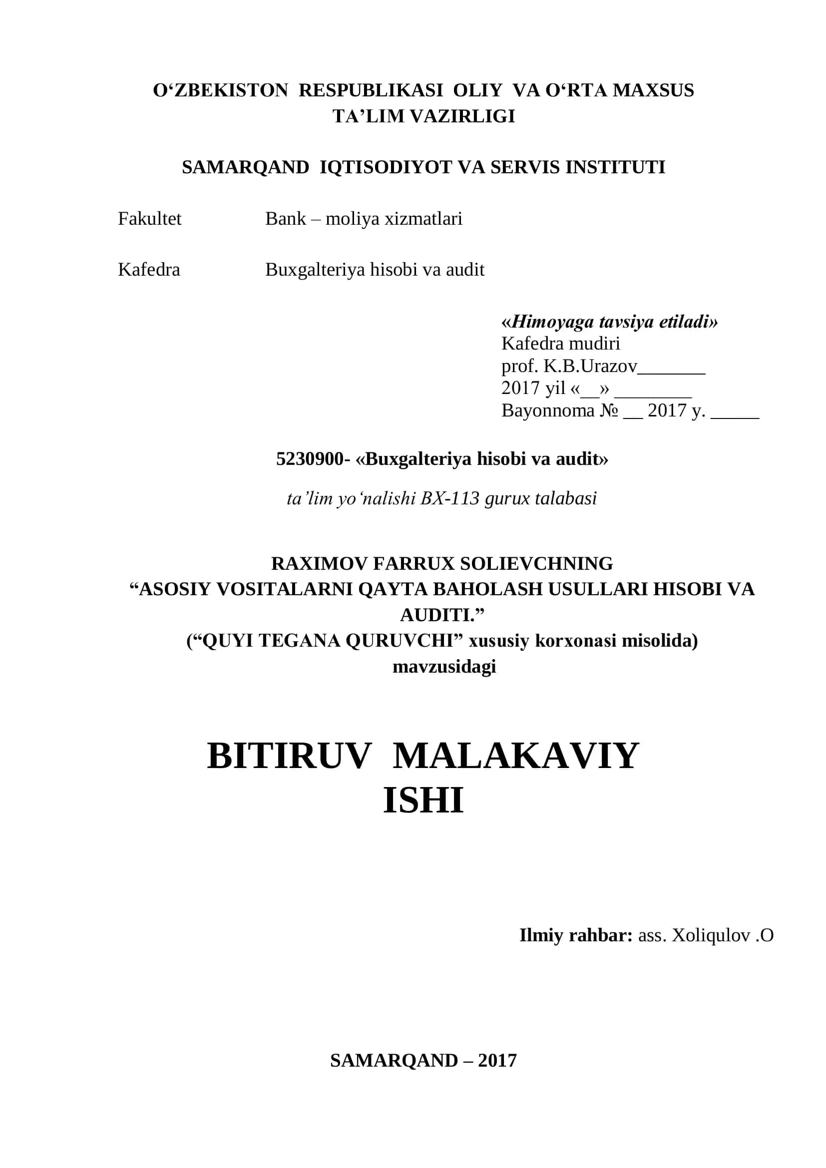 “ASOSIY VOSITALARNI QAYTA BAHOLASH USULLARI HISOBI VA AUDITI.”
