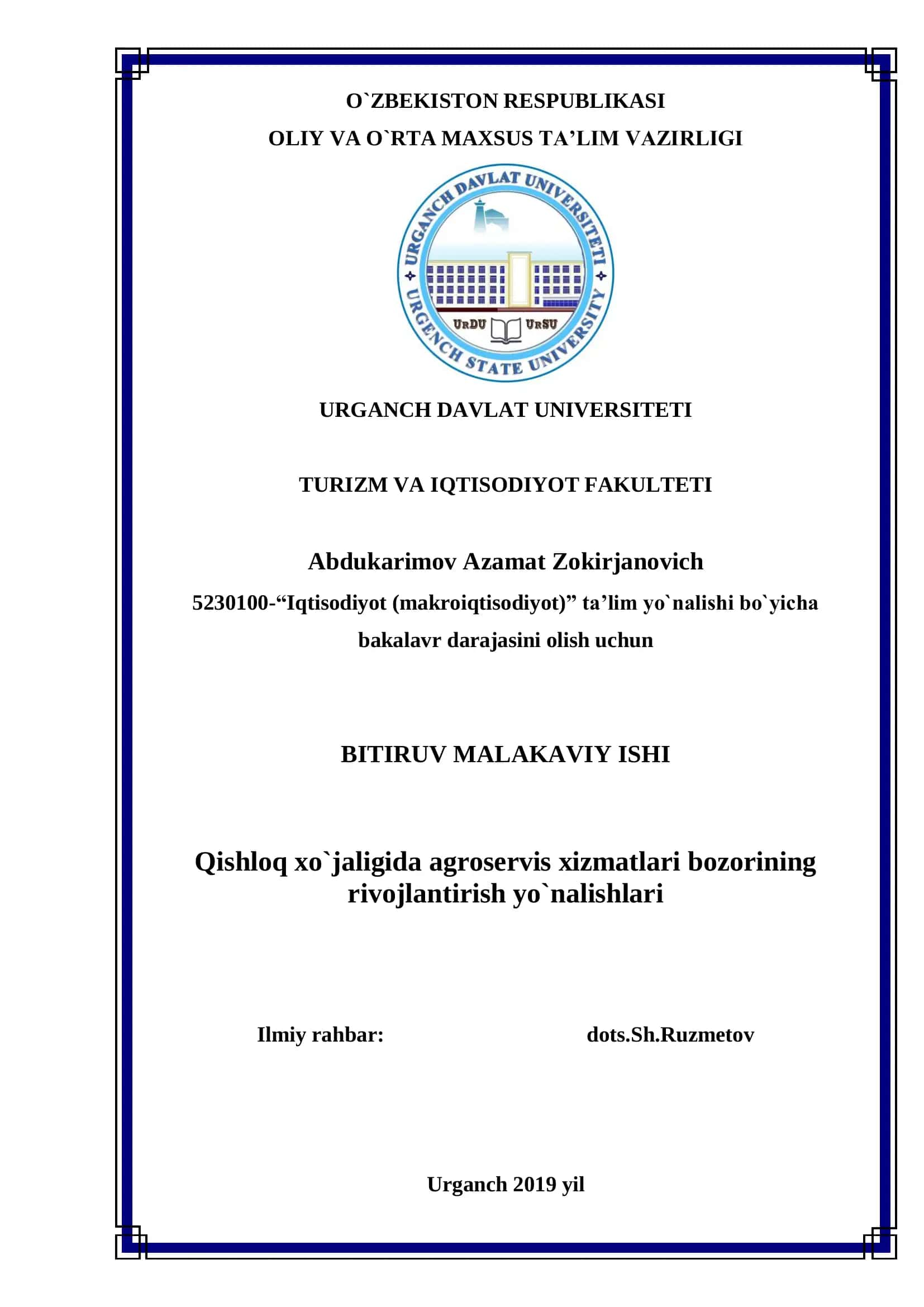 QISHLOQ XO`JALIGIDA AGROSERVIS XIZMATLARI BOZORINING RIVOJLANTIRISH YO`NALISHLARI
