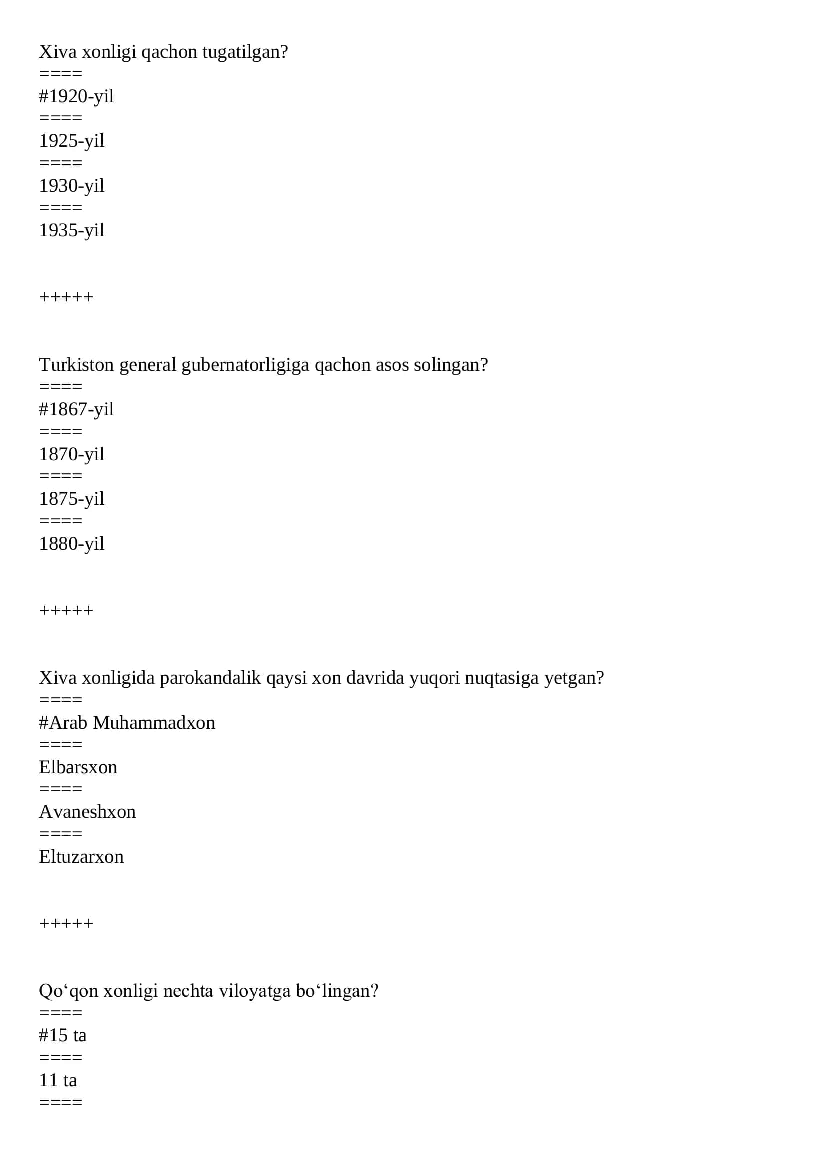 TEST O‘zbekistonning eng yangi tarixi