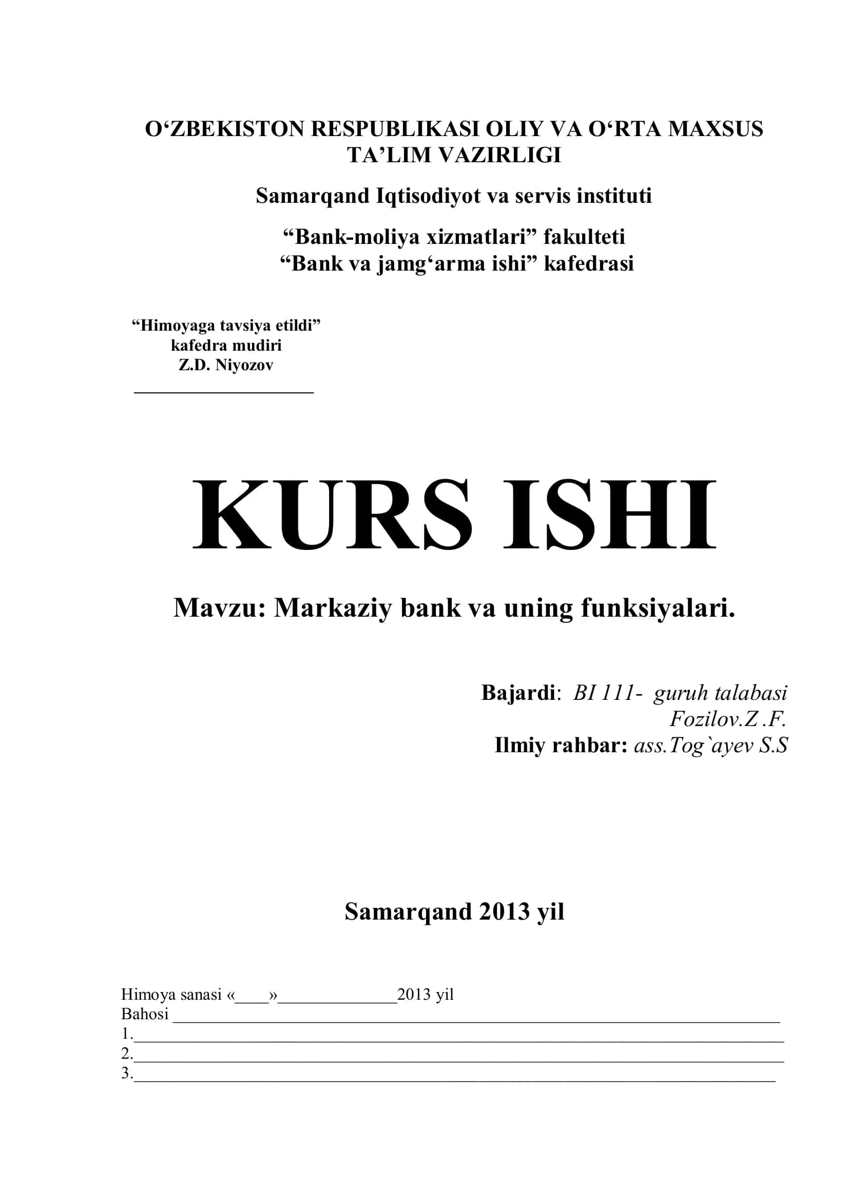 Markaziy bank va uning funksiyalari