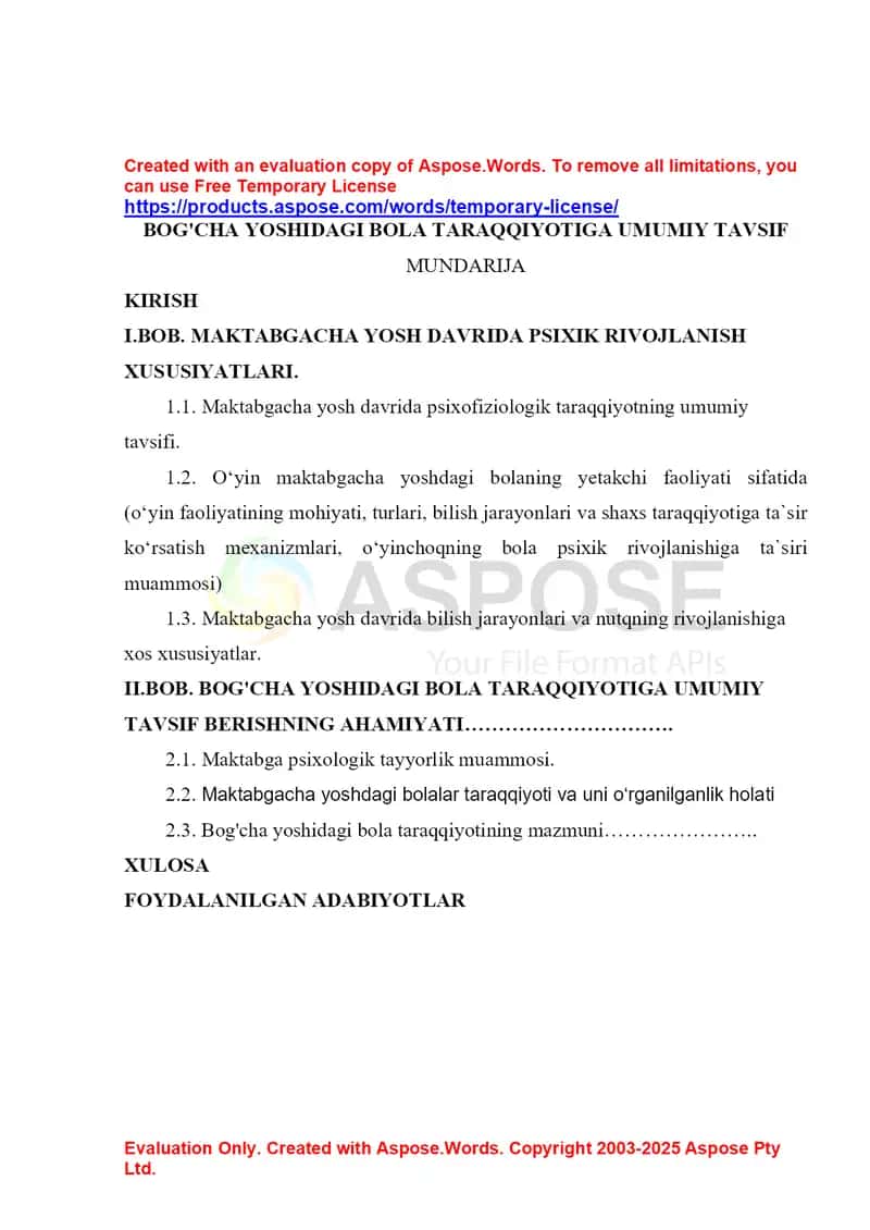 Kurs ish: Maktabgacha yoshdagi bola taraqqiyotini umumiy tavsif