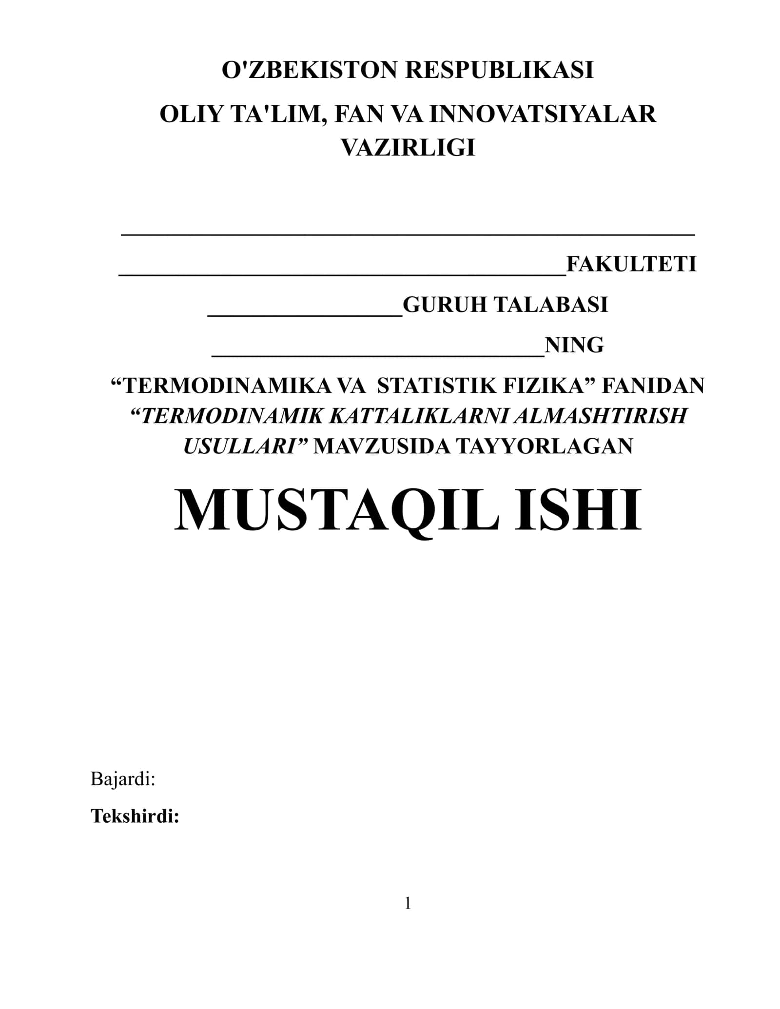 Mustaqil ish. Termodinamika va statistik fizika fanidan mustaqil ish