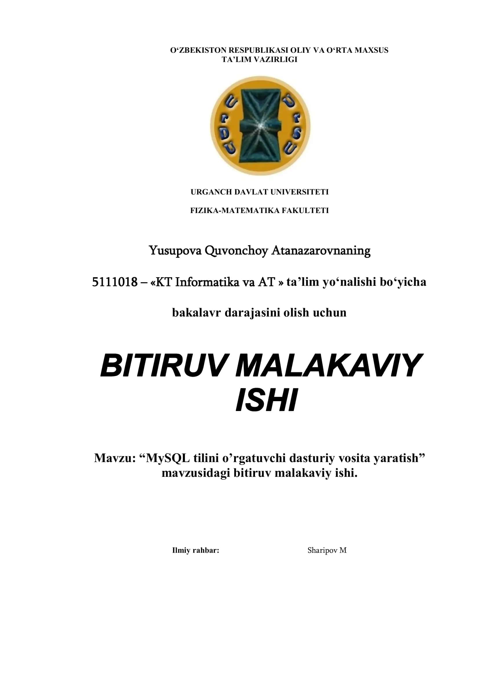 MySQL tilini o’rgatuvchi dasturiy vosita yaratish
