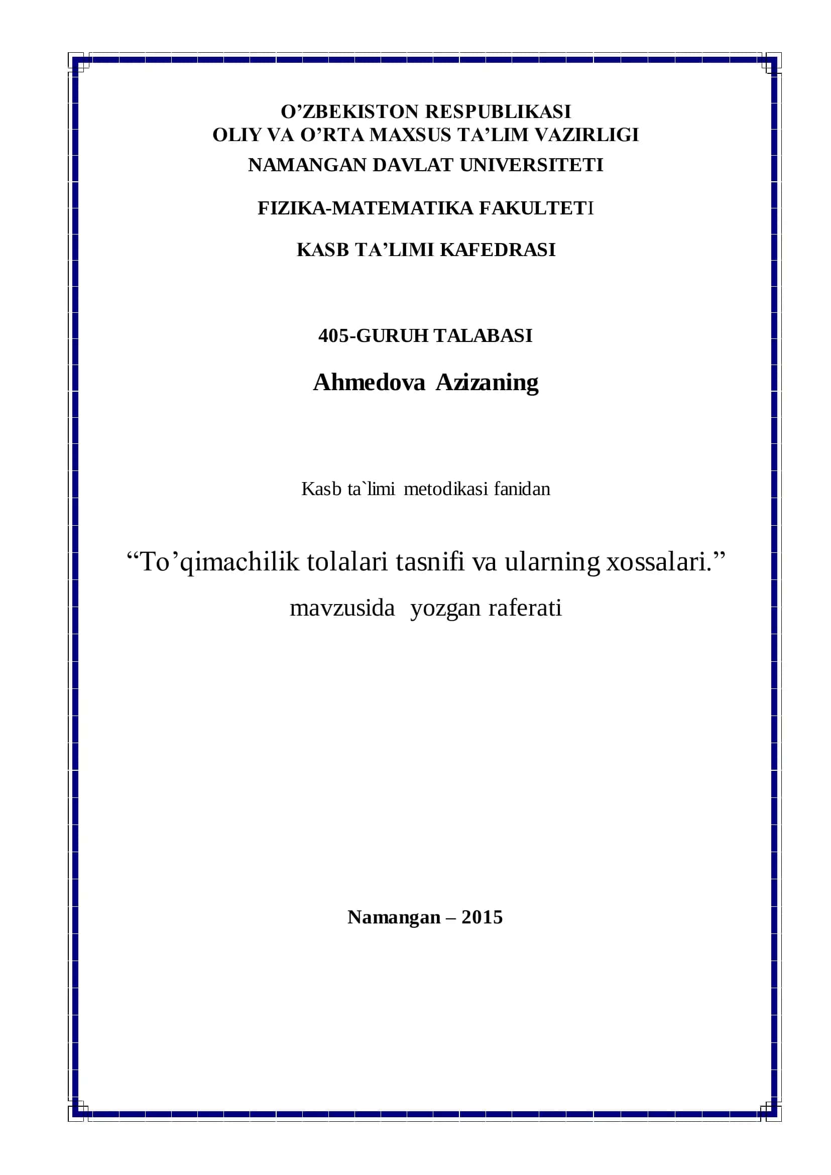 To'qimachilik tolalari tasnifi va ularning xossalari