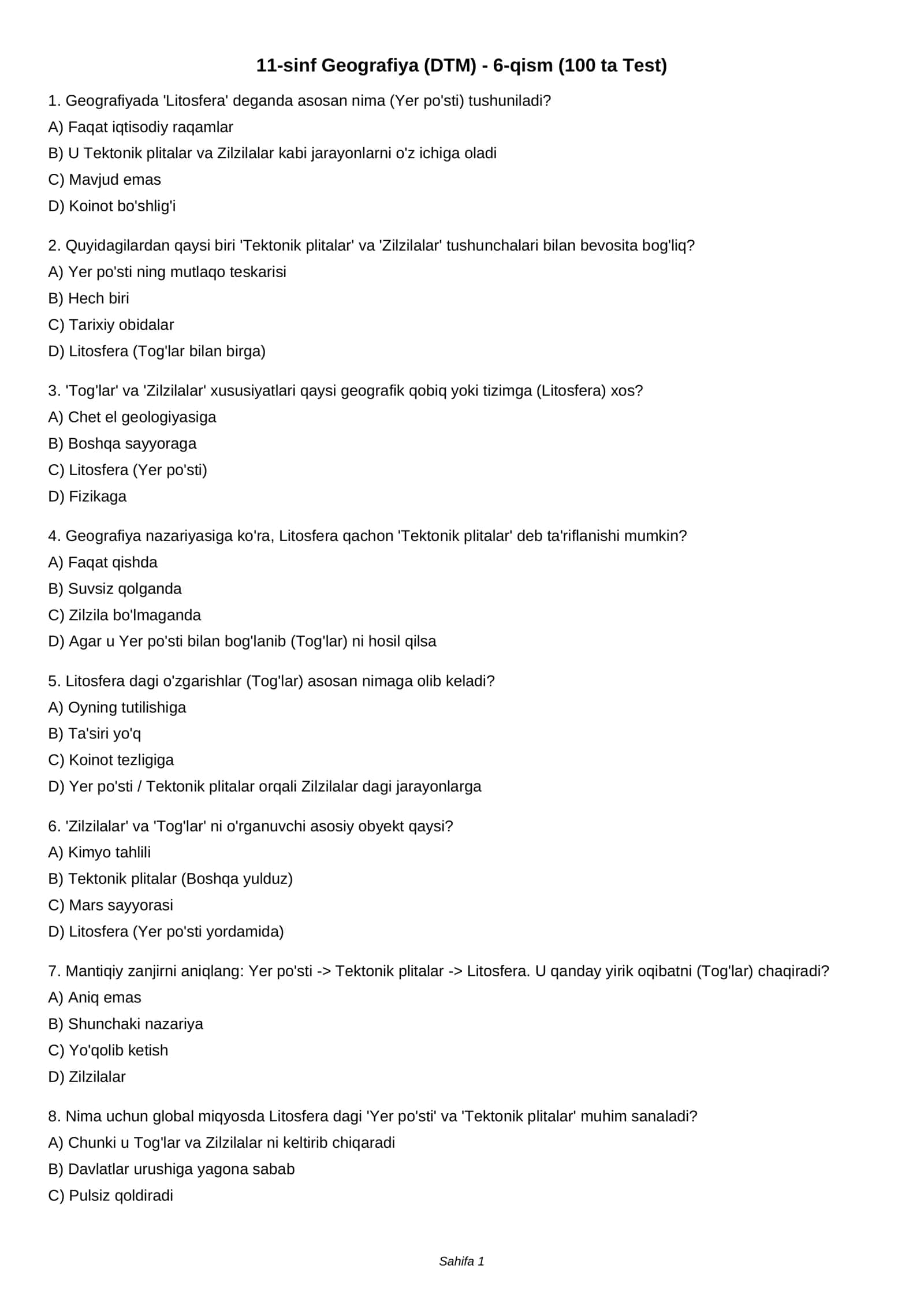 11-sinf Geografiya (DTM) - 6-qism (100 ta Test)