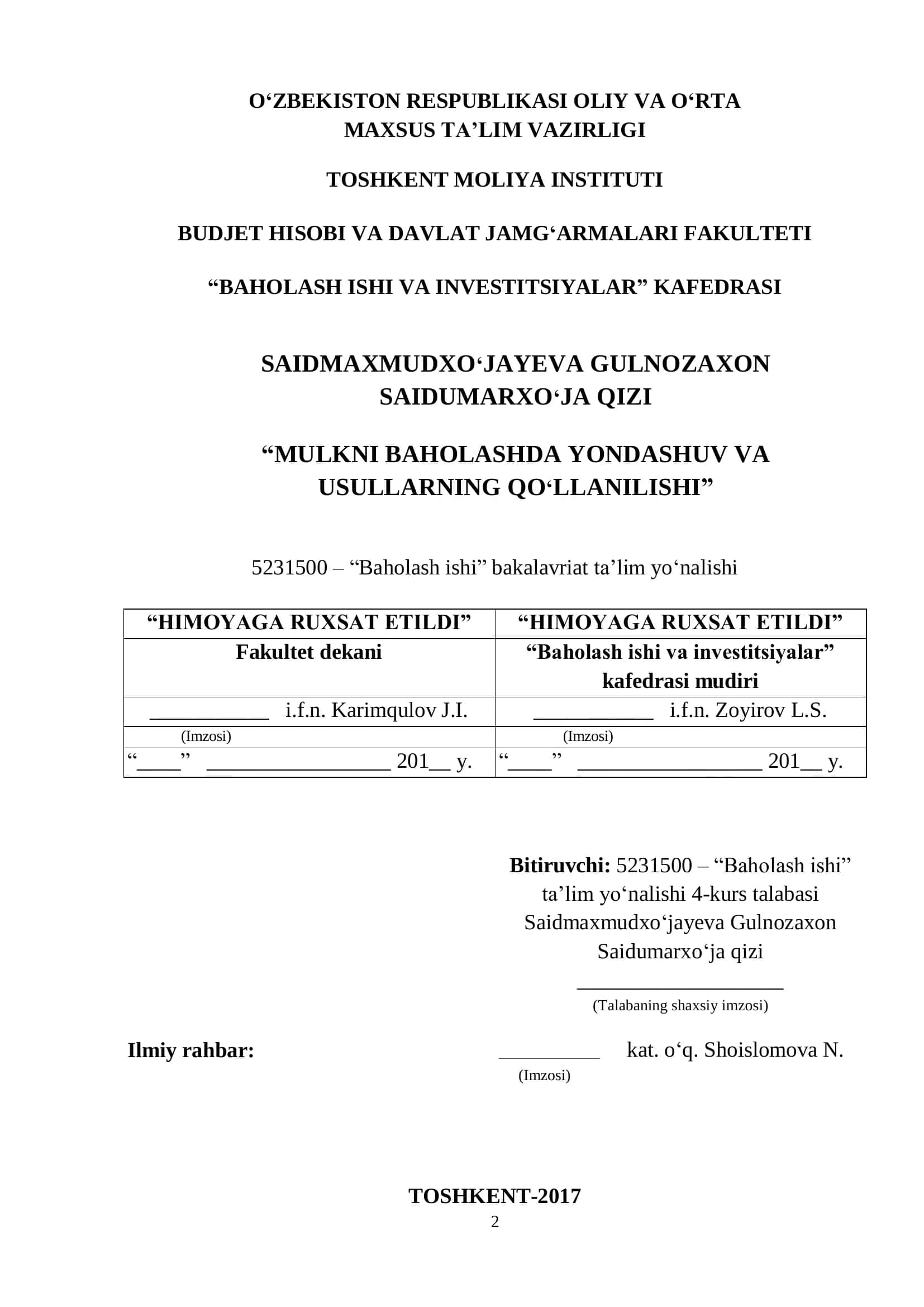 MULKNING BAHOLASHDA YONDASHUV VA USULLARNING QO'LLANILISHI