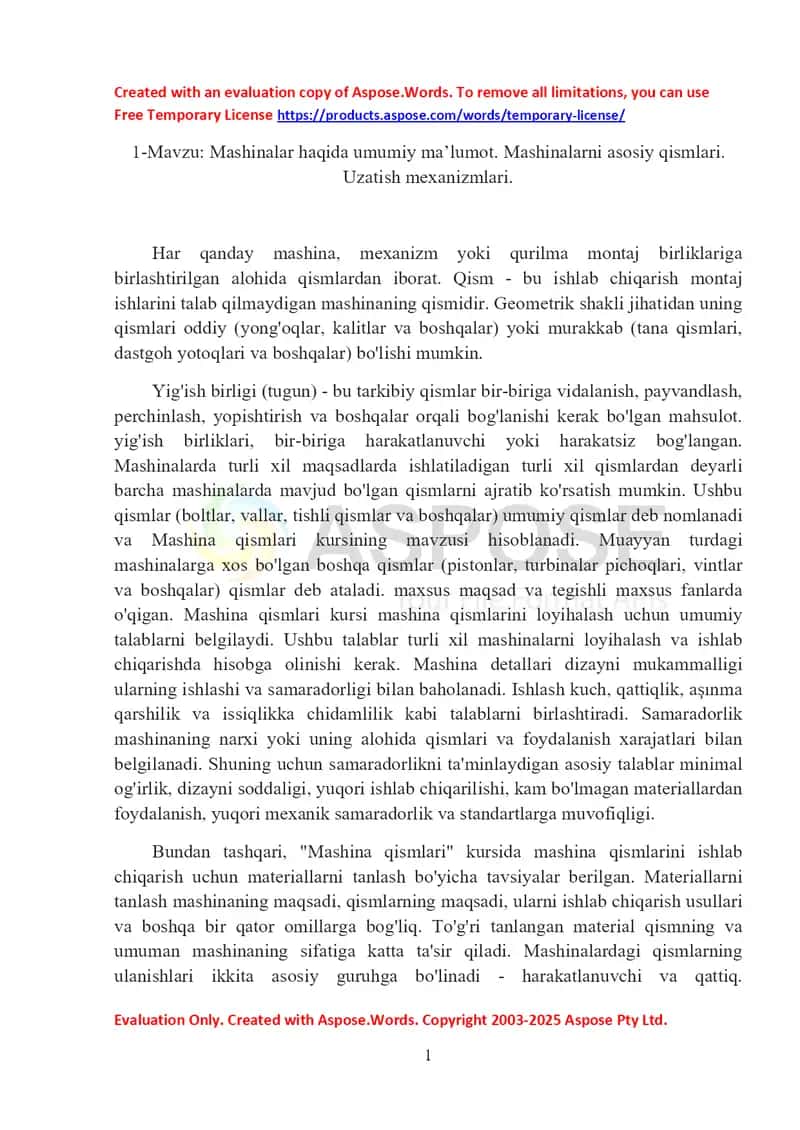 Mashina qismlari: umumiy ma’lumot va uzatish mexanizmlari
