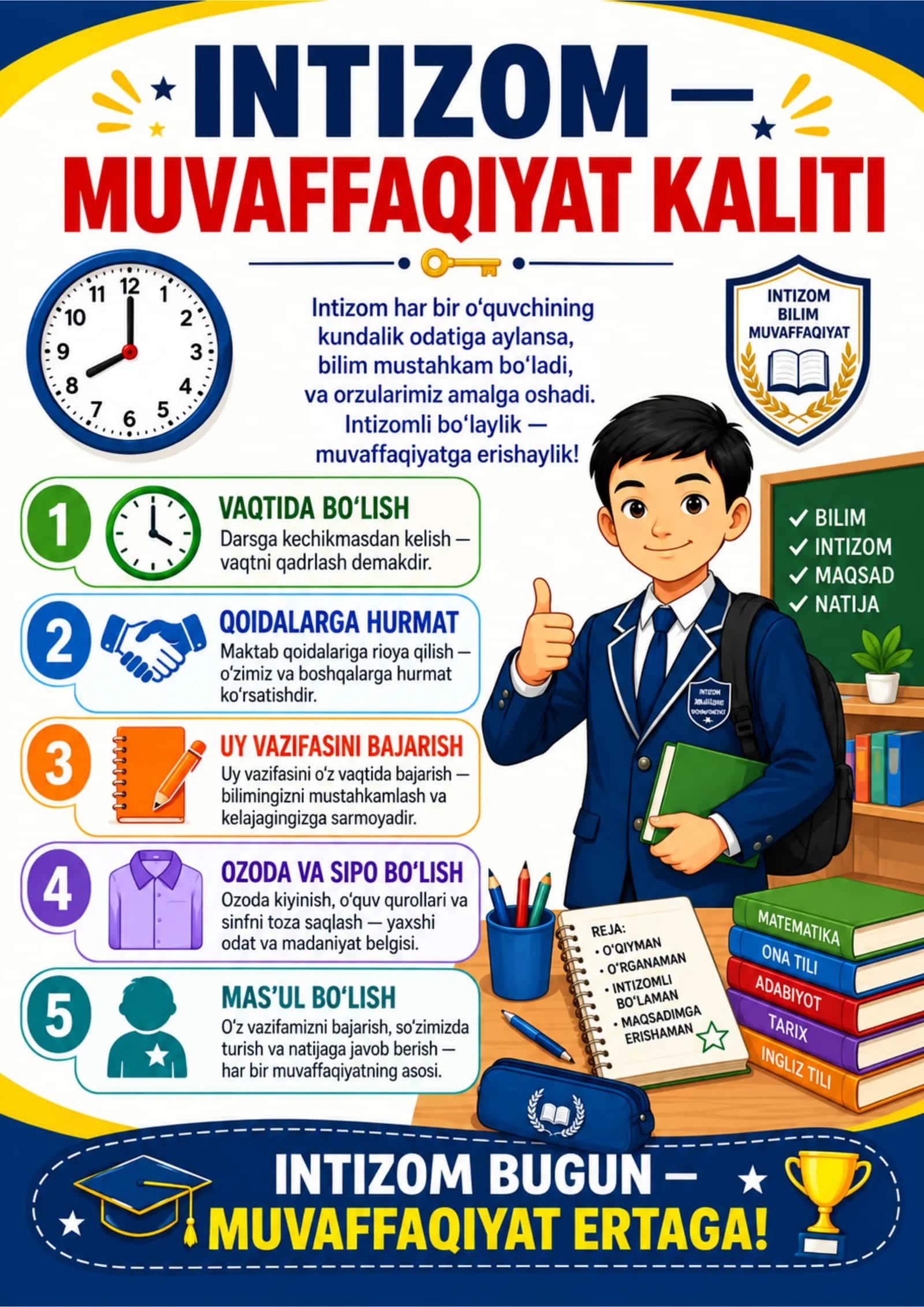 Sinf xonasi uchun 10 ta rangli tarbiyaviy plakat — PDF to‘plam