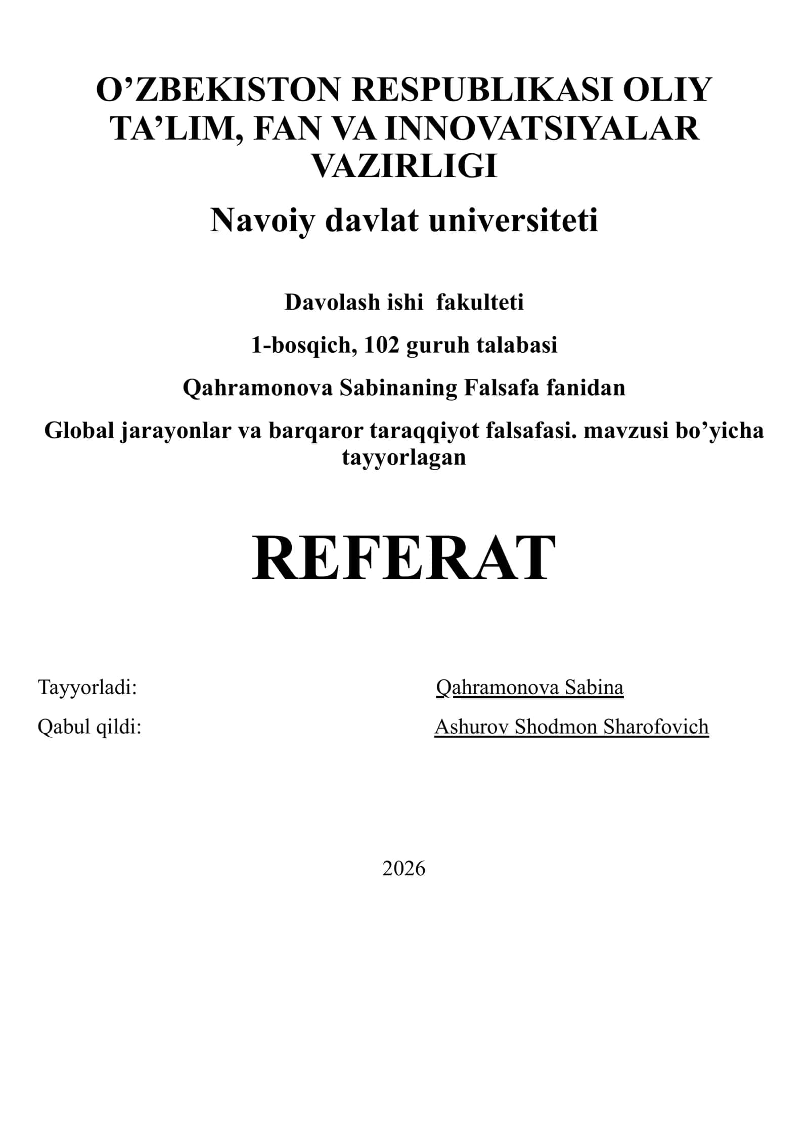 Global jarayonlar va barqaror taraqqiyot falsafasi