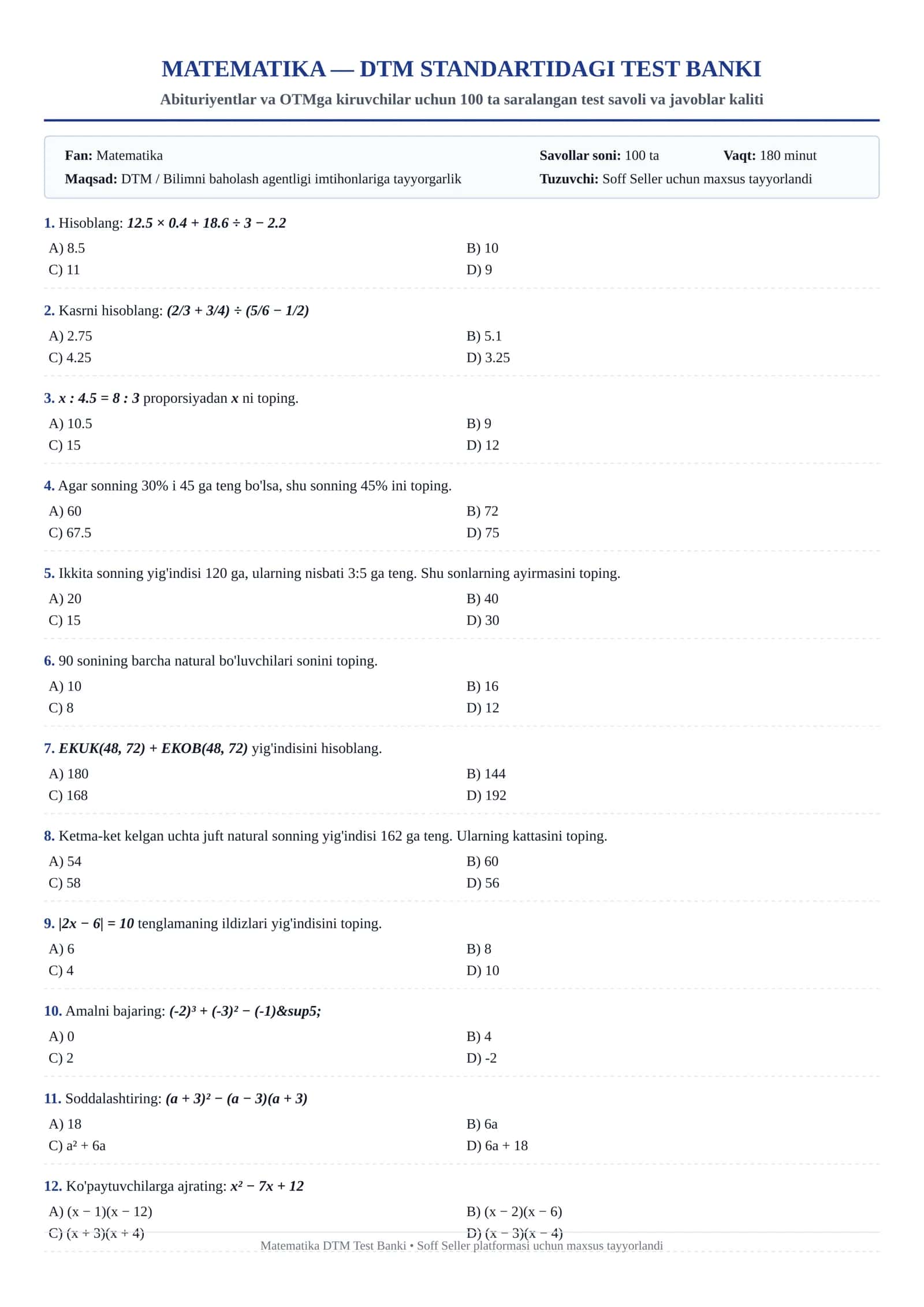 MATEMATIKA — DTM STANDARTIDAGI TESTlar
