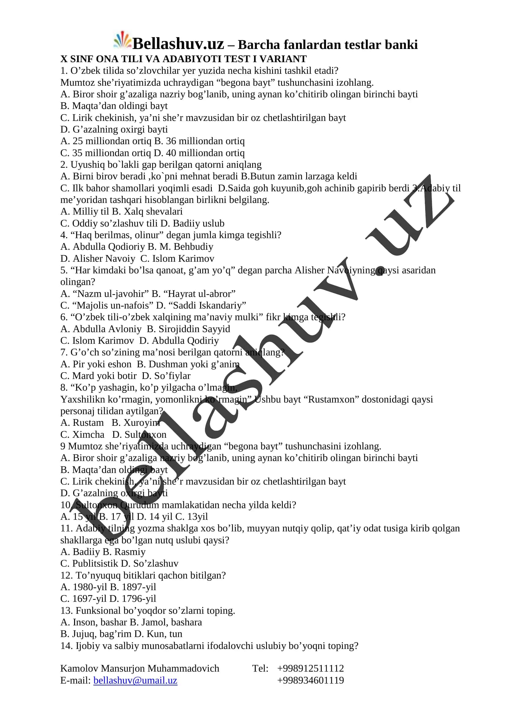 X SINF ONA TILI VA ADABIYOTI TEST I VARIANT