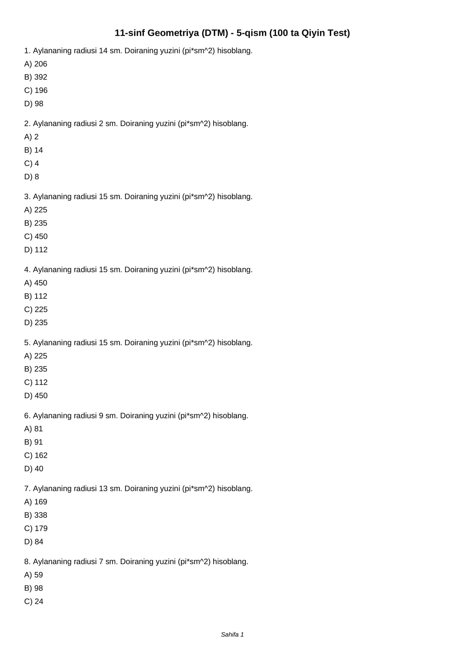 11-sinf Geometriya (DTM) - 5-qism (100 ta Qiyin Test)