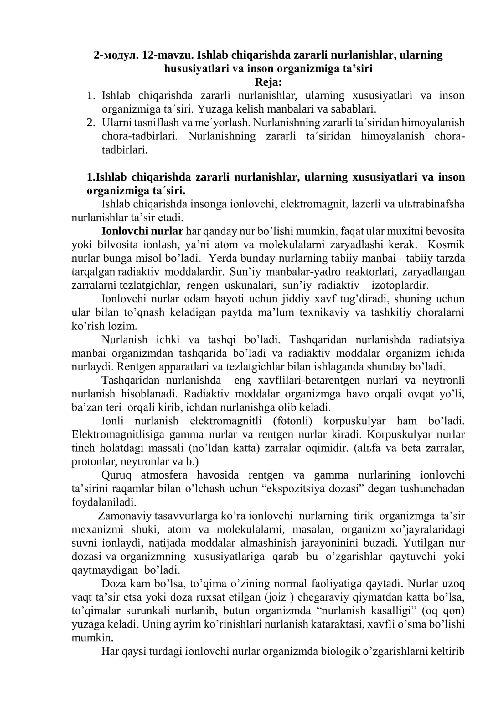 Ishlab chiqarishda zararli nurlanishlar, ularning hususiyatlari va inson organizmiga ta’siri