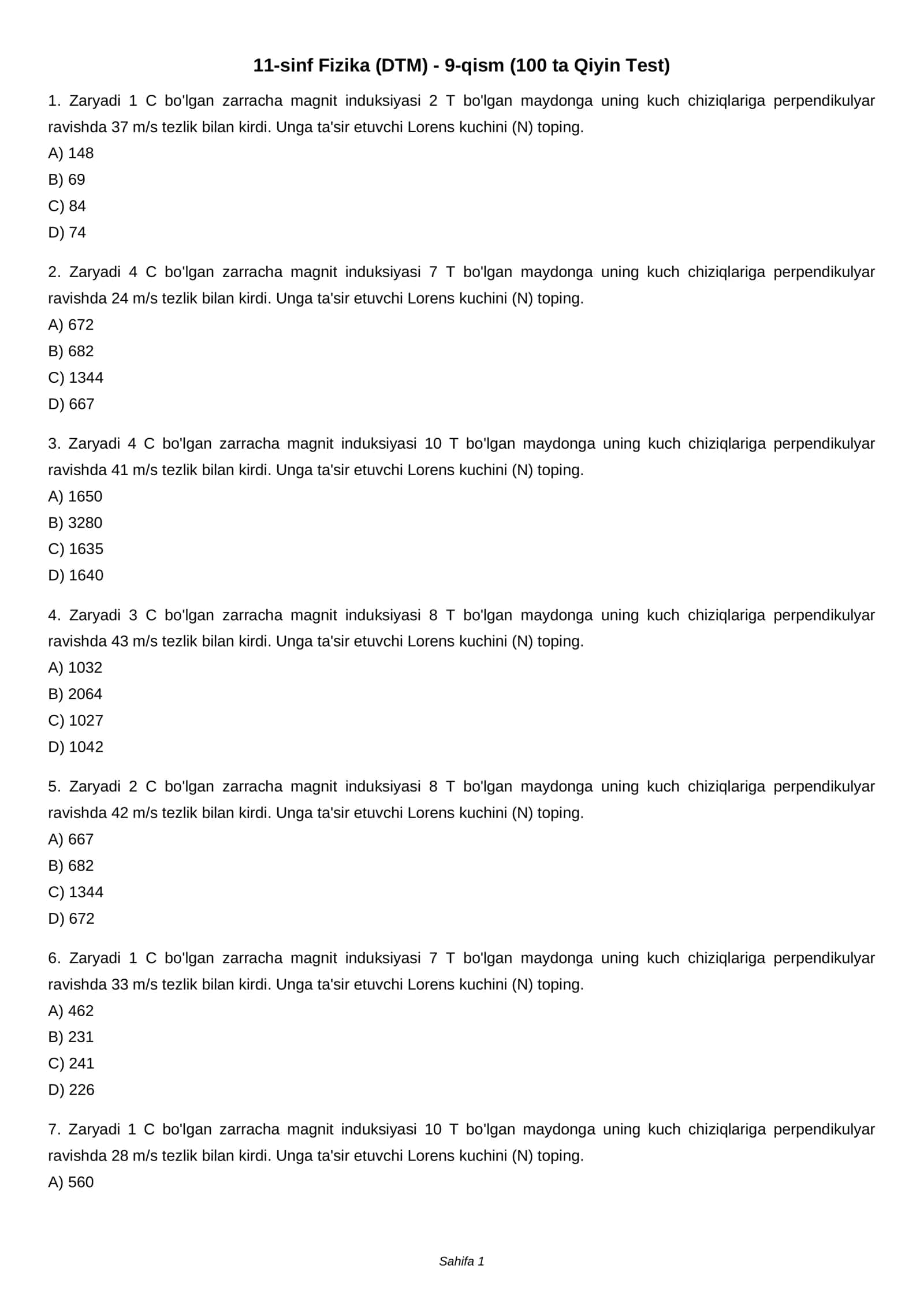 11-sinf Fizika (DTM) - 9-qism (100 ta Qiyin Test)