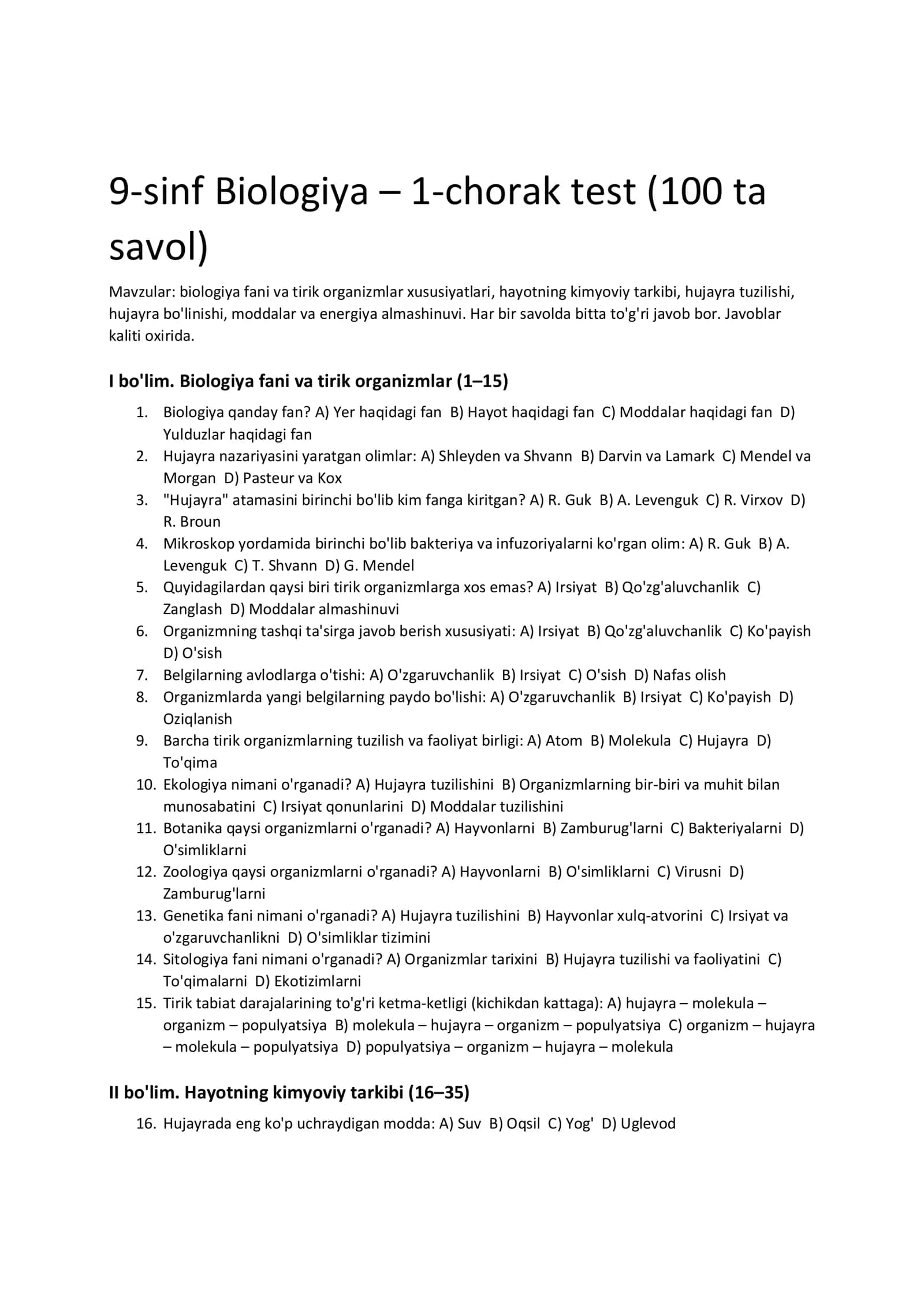 9-sinf Biologiya – 1-chorak test (100 ta savol)