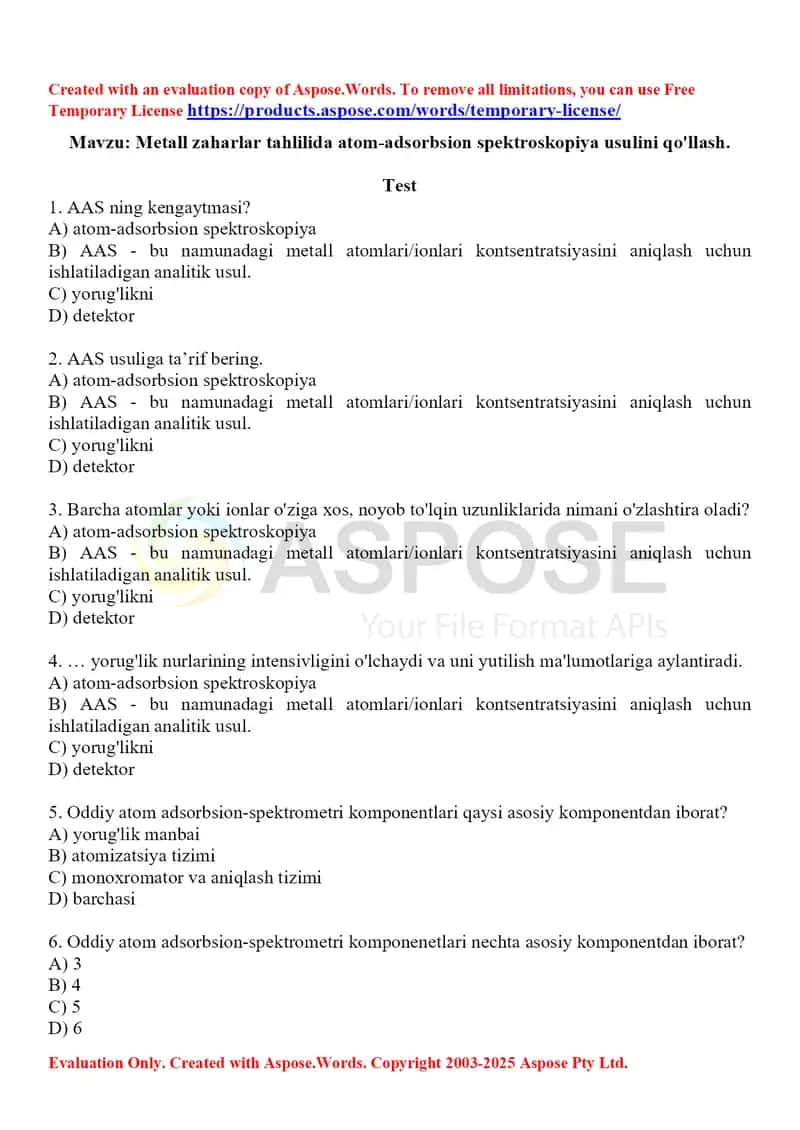 11. Metall zaharlar tahlilida atom-adsorbsion spektroskopiya usulini qo'llash. Test 15 ta.