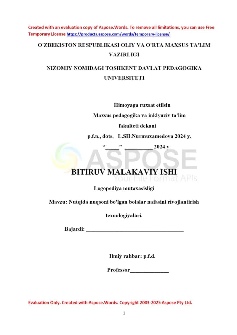 Nutqida nuqsoni bo'lgan bolalar nafasini rivojlantirish diplom ishi