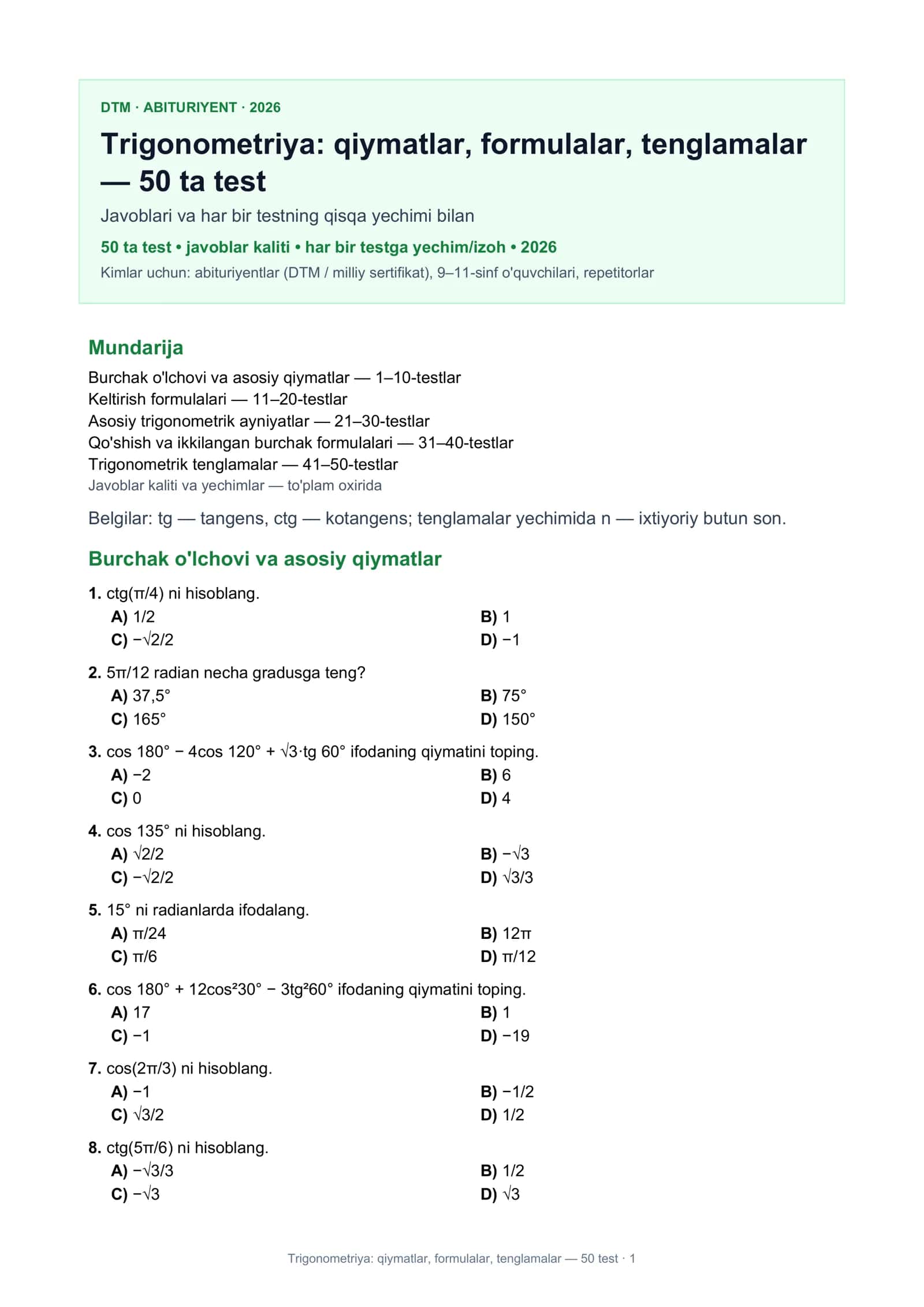 Trigonometriya: qiymatlar, formulalar, tenglamalar