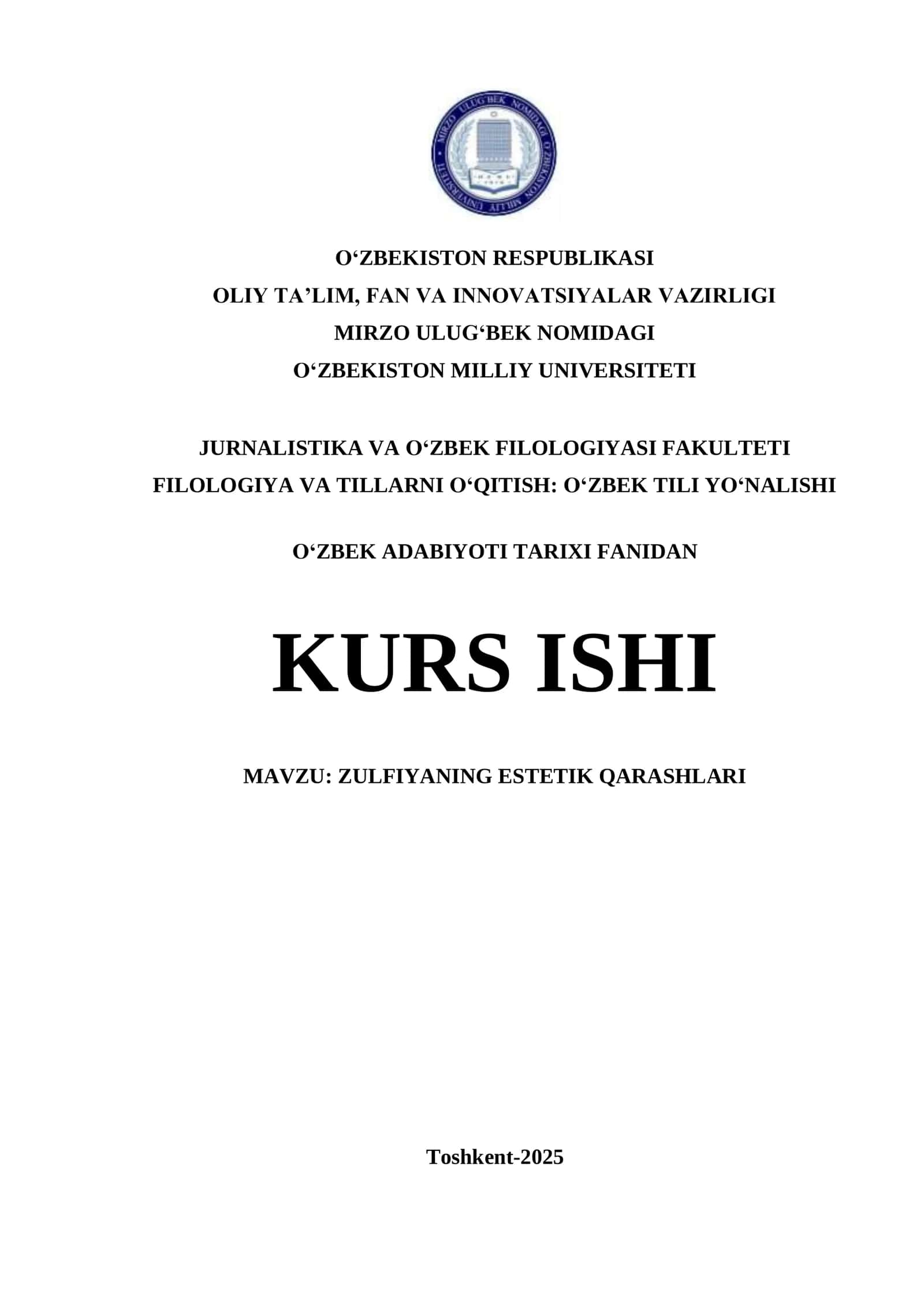 ZULFIYANING ESTETIK QARASHLARI
