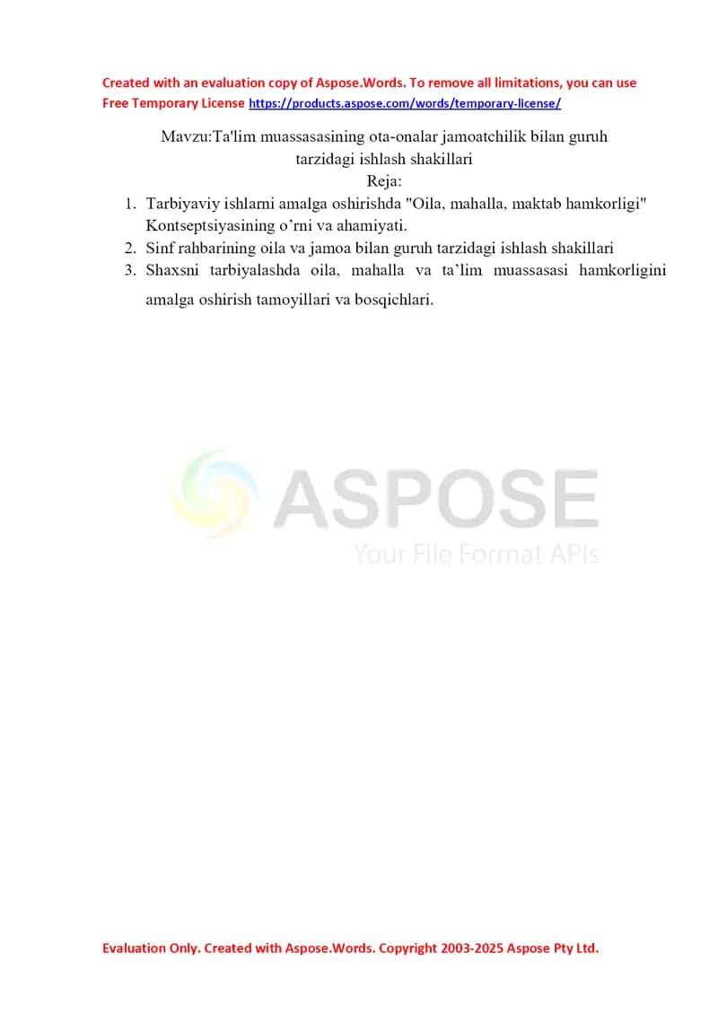 Ta'lim muassasasining ota-onalar jamoatchilik bilan guruh tarzidagi ishlash shakillari