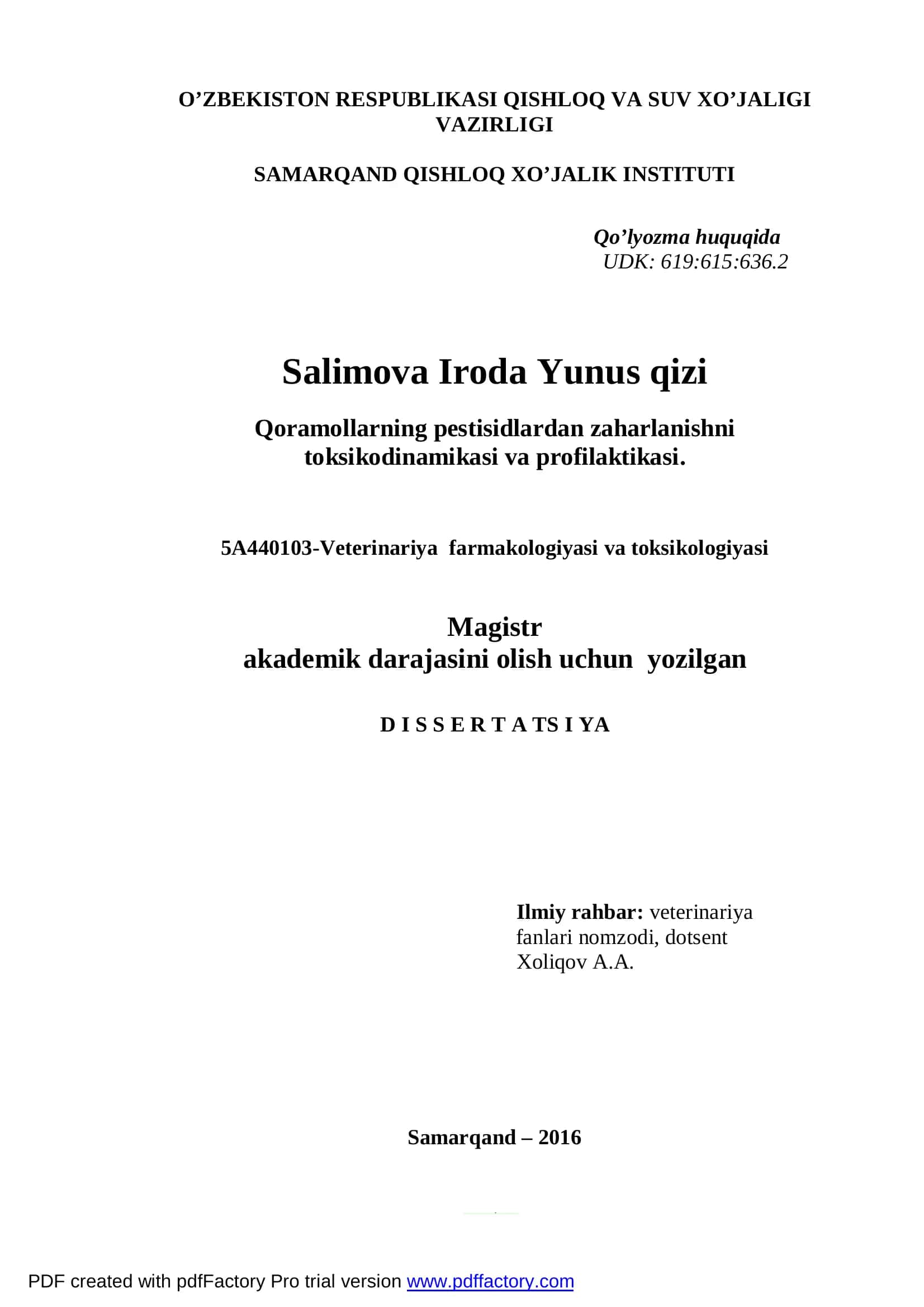 Qoramollarning pestisidlardan zaharlanishni toksikodinamikasi va profilaktikasi