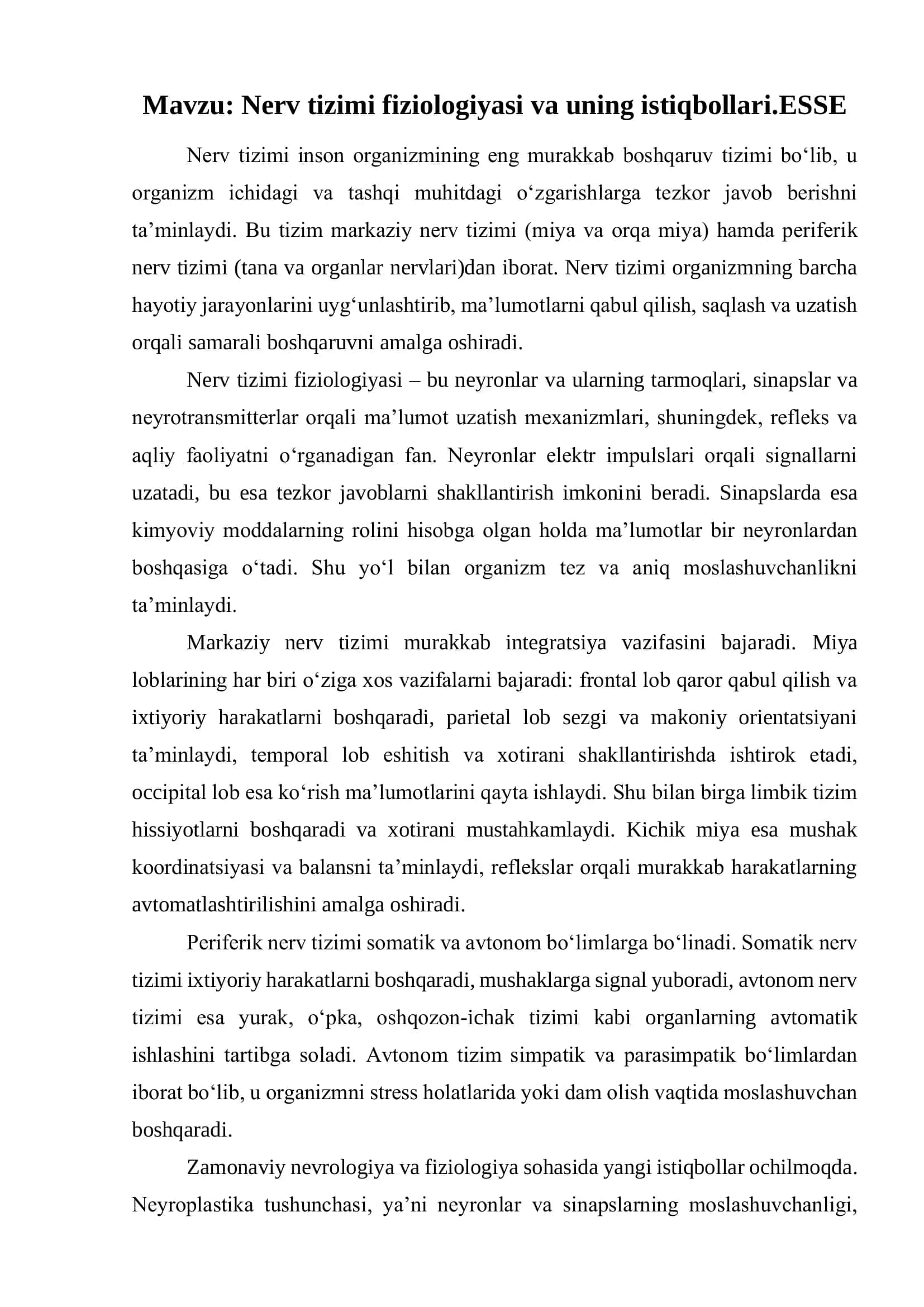 Nerv tizimi fiziologiyasi va uning istiqbollari.ESSE
