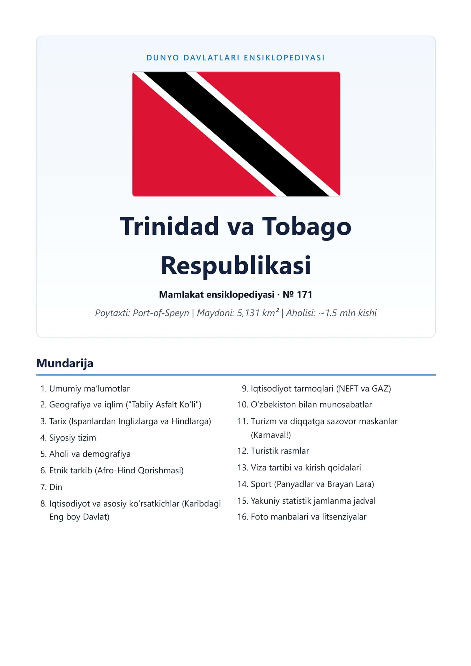 DUNYODAVLATLARI ENSIKLOPEDIYASI Trinidad va Tobago Respublikasi