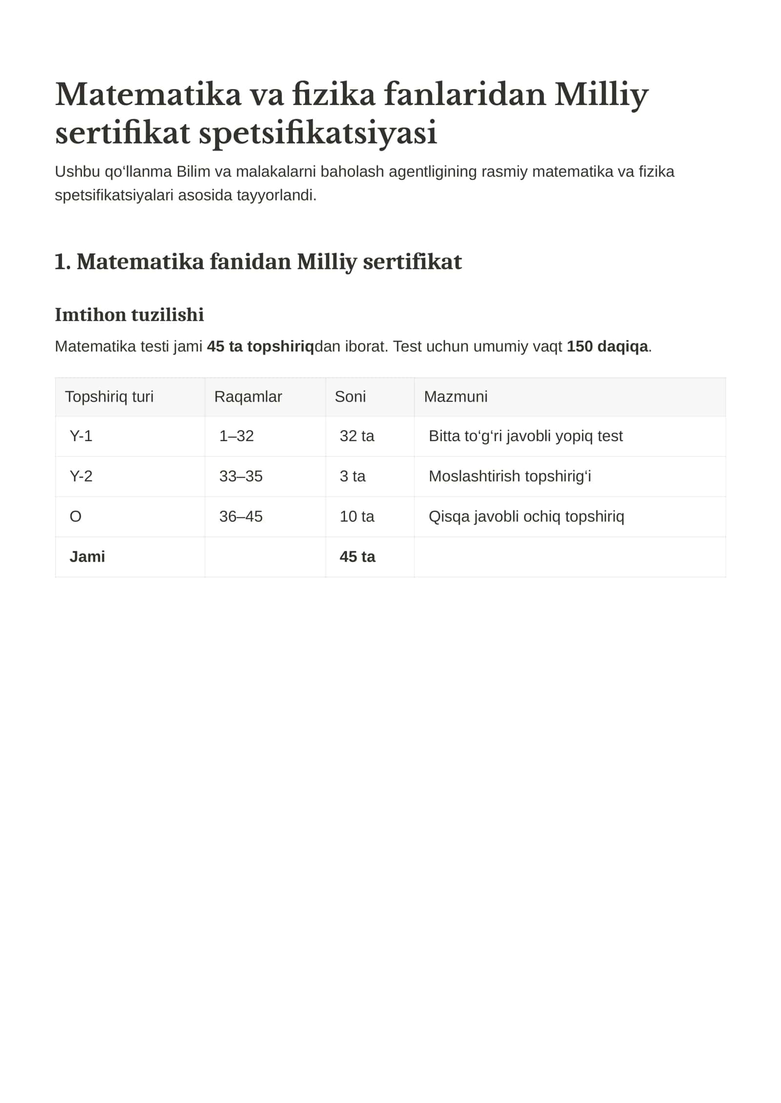 Matematika va fizika fanlaridan Milliy sertifikat spetsifikatsiyasi