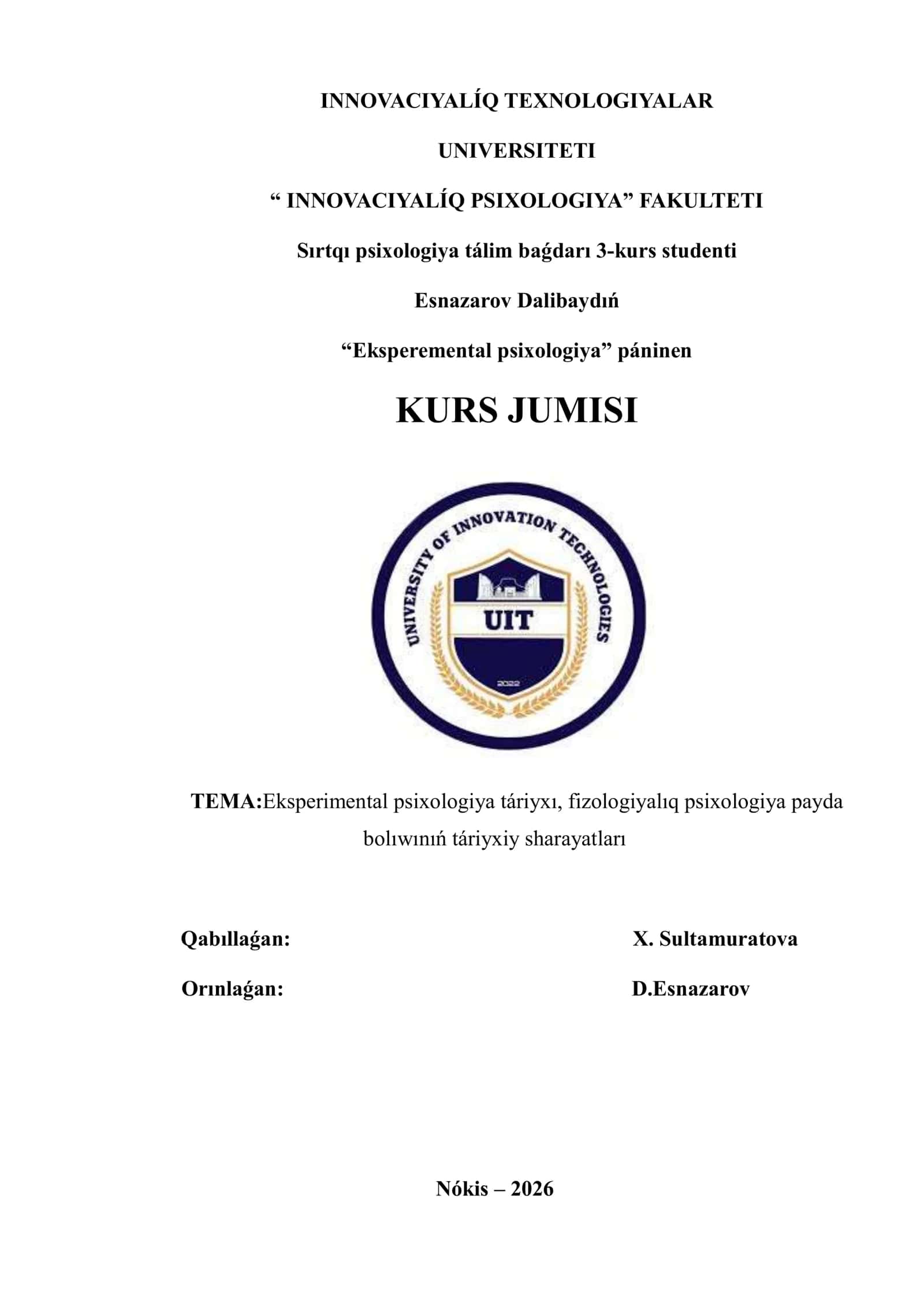 Kurs jumisi "Eksperemental psixologiya"