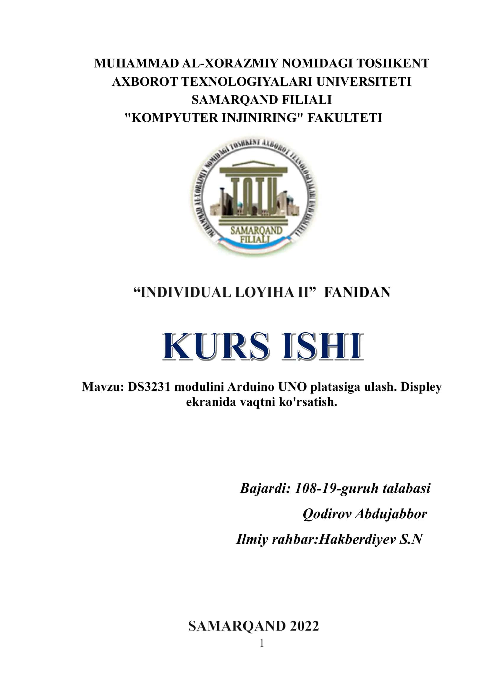 DS3231 modulini Arduino UNO platasiga ulash. Displey ekranida vaqtni ko'rsatish.