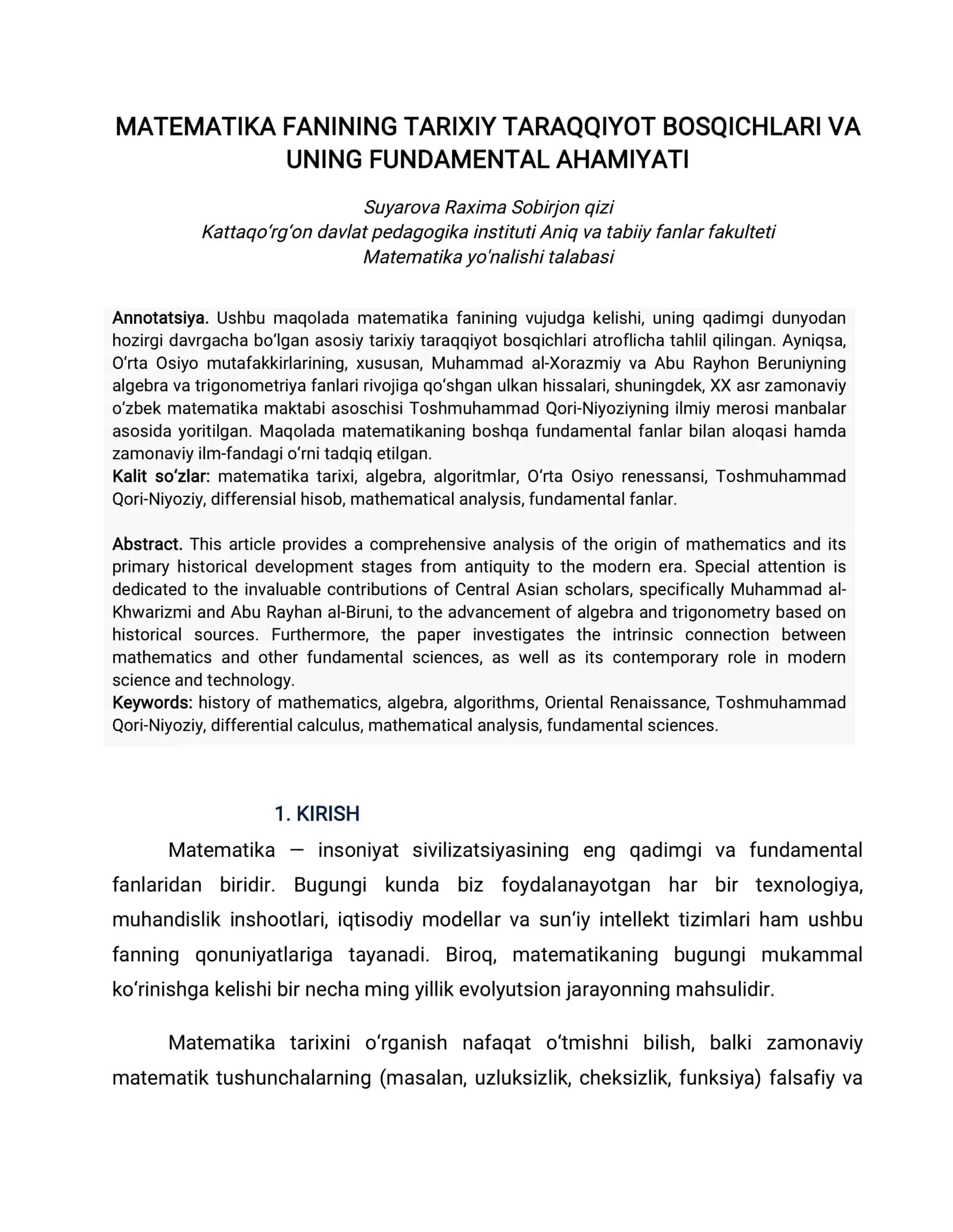 MATMATIKA FANINING TARIXIY TARAQQIYOT BOSQICHLARI VA UNING FUNDAMENTAL AHAMIYATI