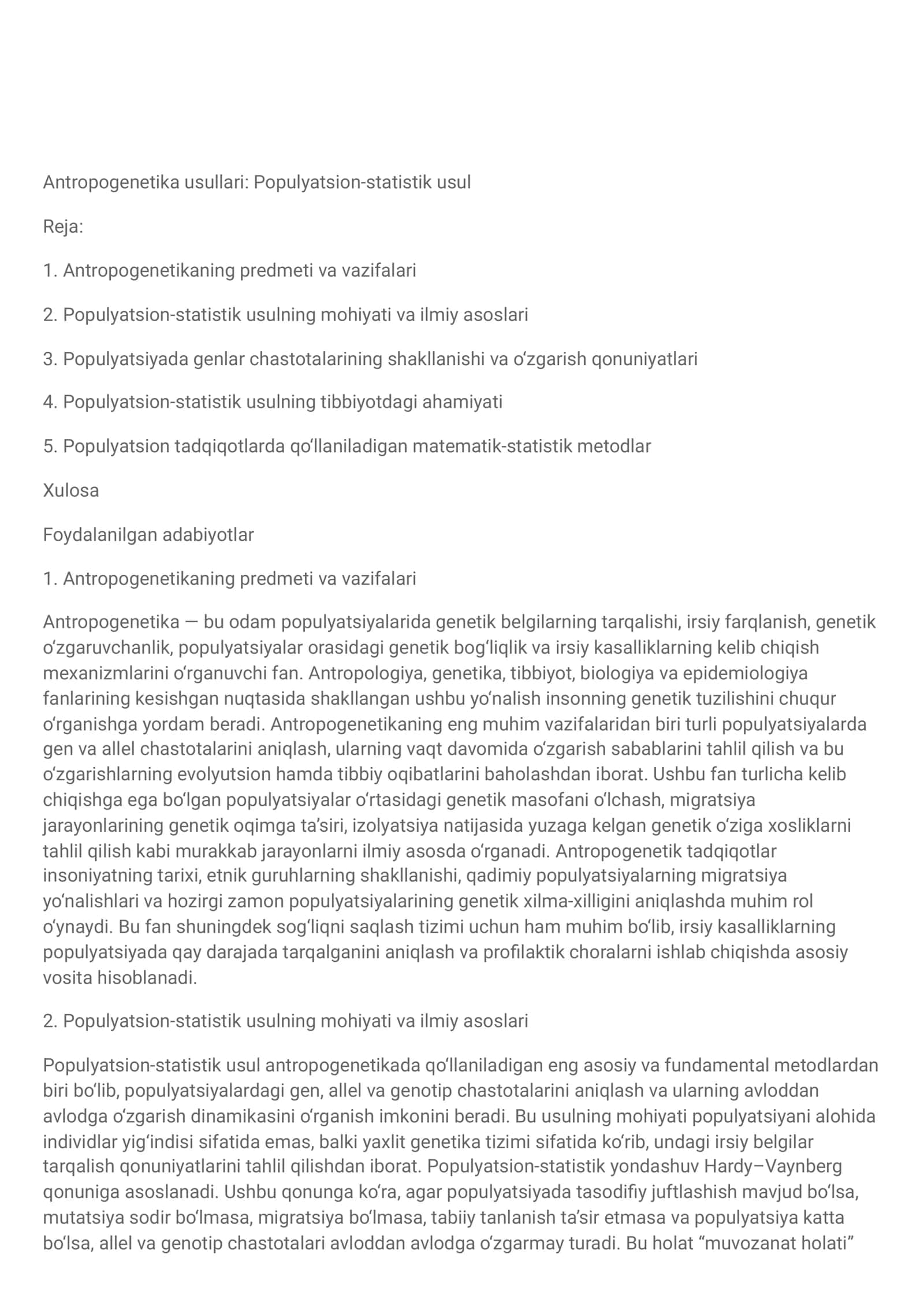 Antropogenetika usullari: Populyatsion-statistik usul