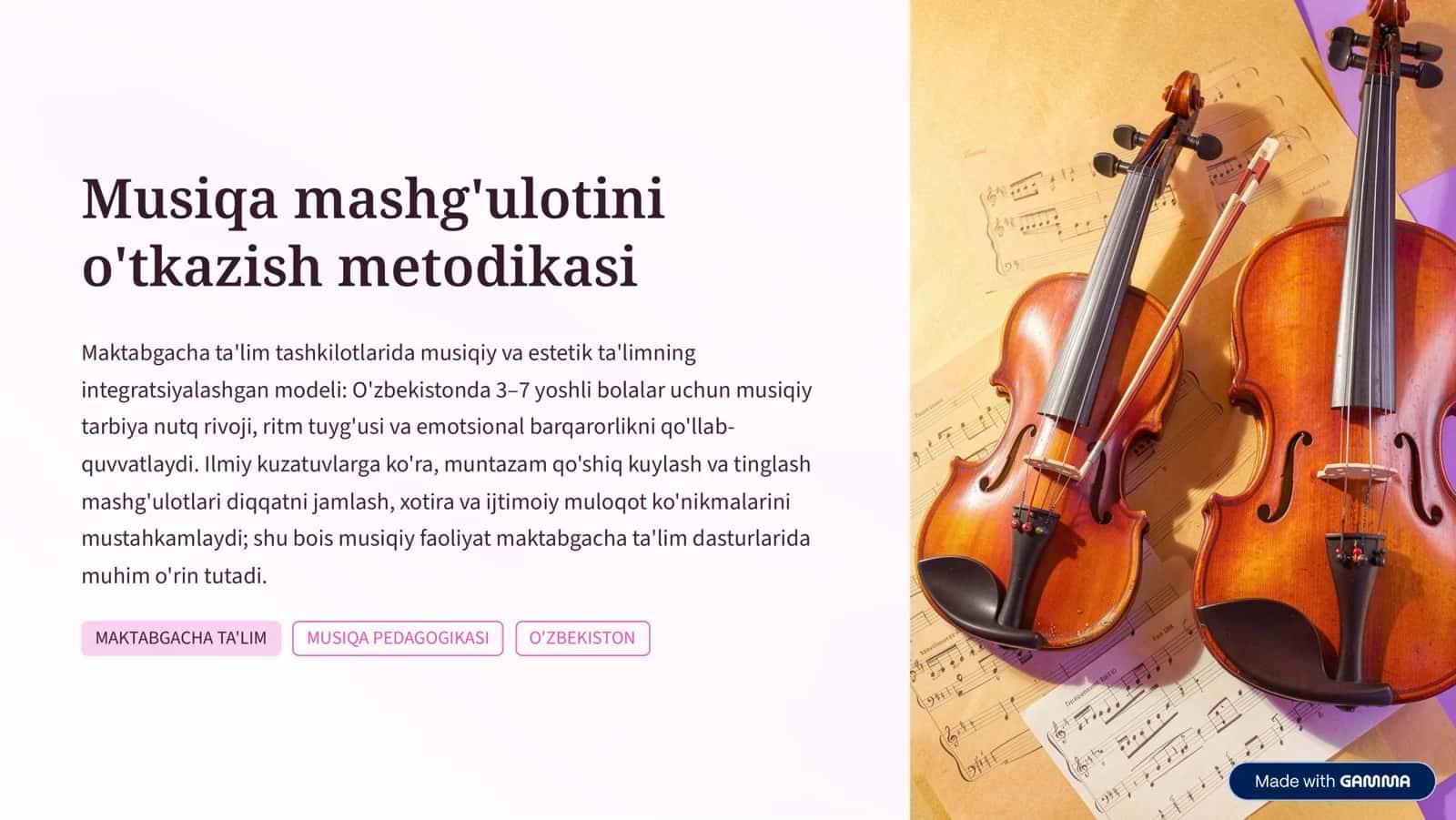 Musiqa mashg'ulotini o'tkazish metodikasi
