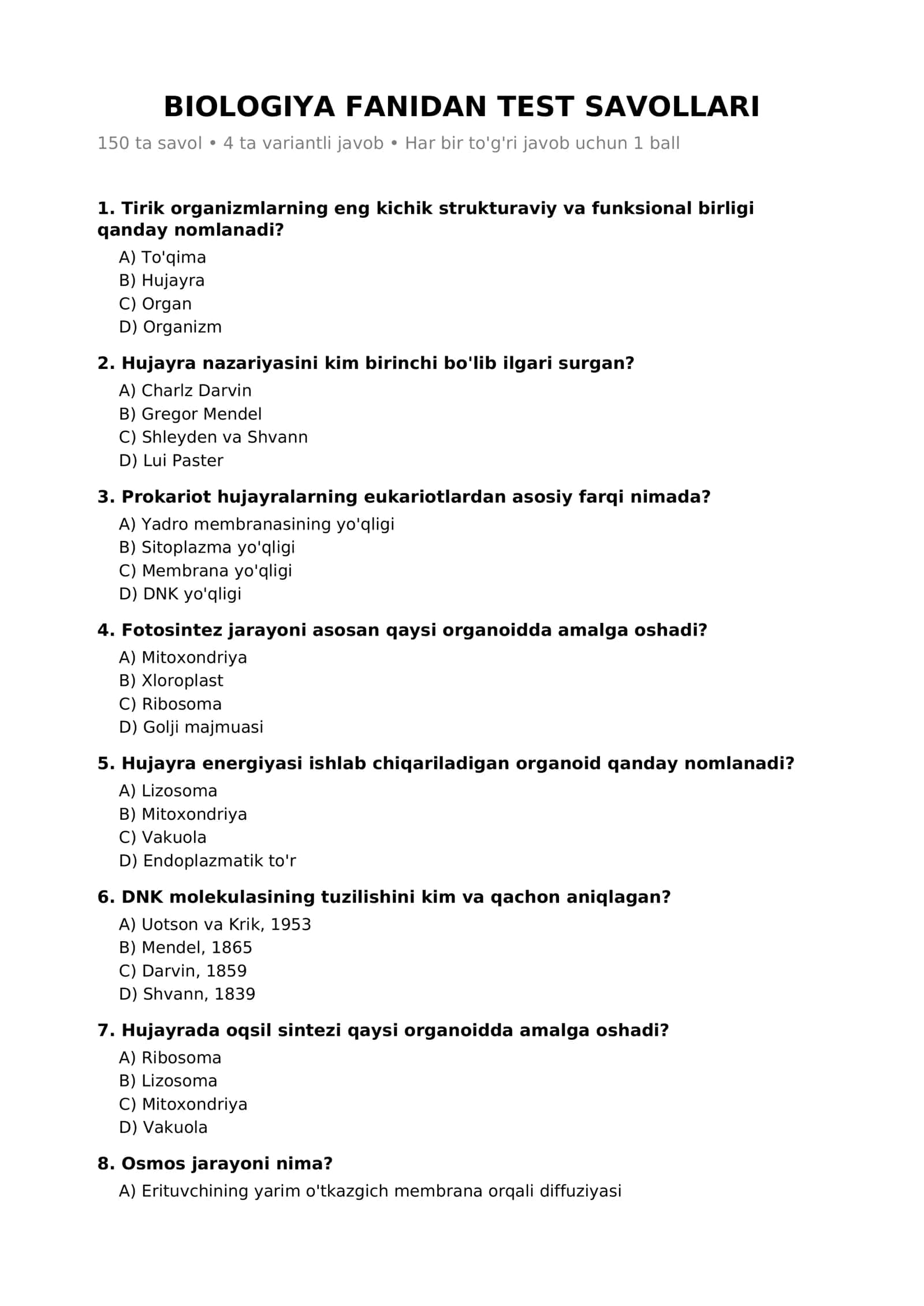 BIOLOGIYA FANIDAN TEST SAVOLLARI