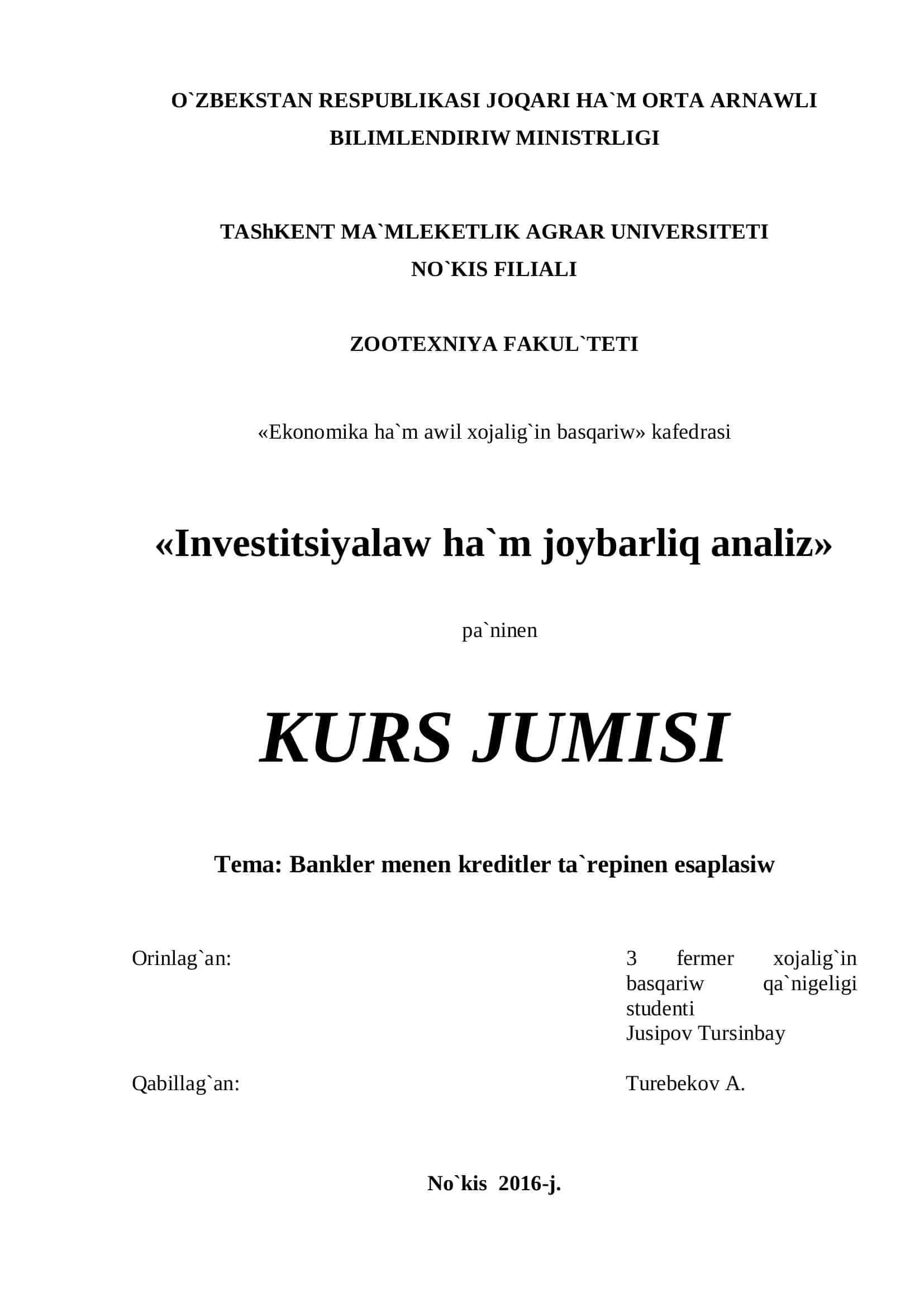 Bankler menen kreditler ta`repinen esaplasiw