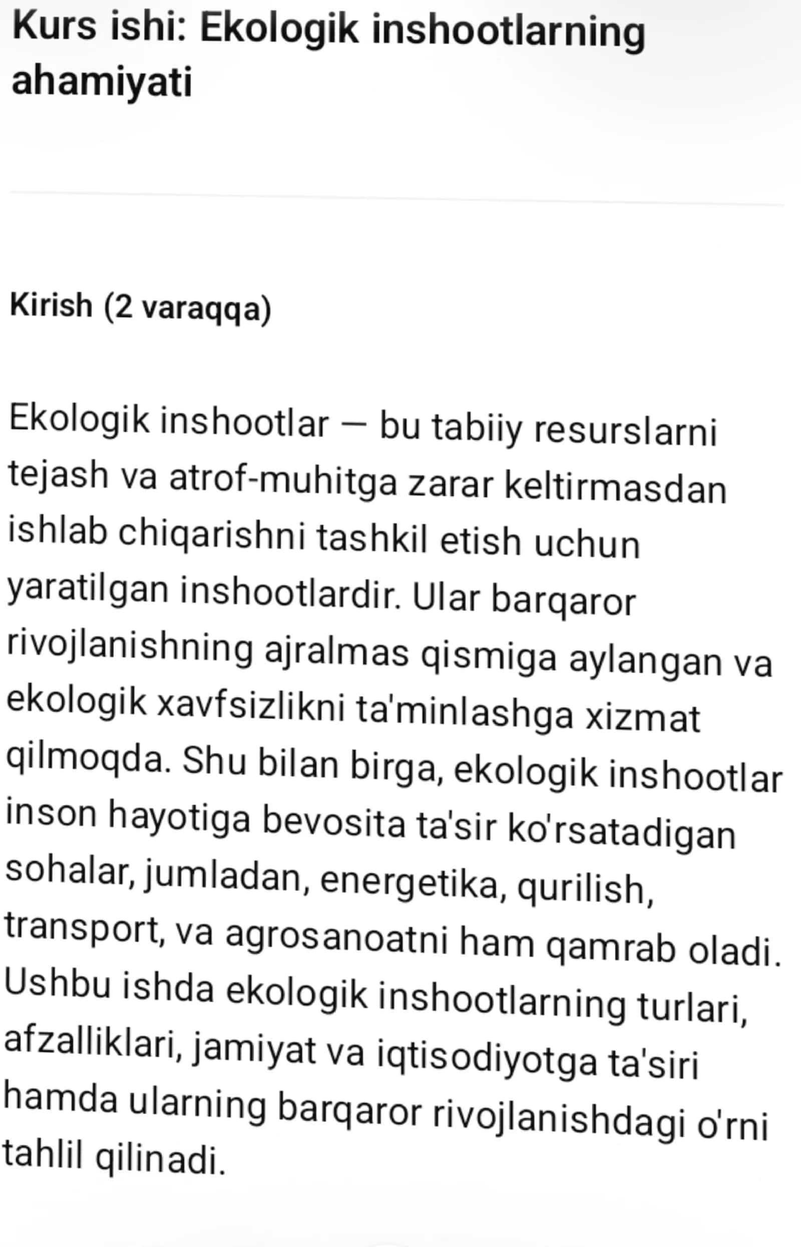 Ekologik inshootlarning ahamiyati