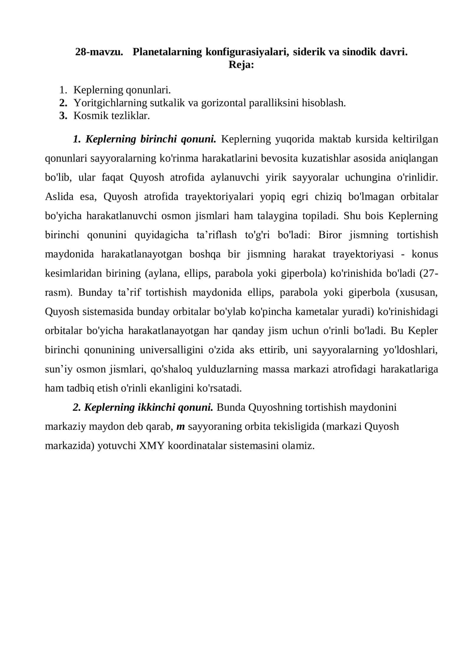 28-mavzu. Planetalarning konfigurasiyalari, siderik va sinodik davri