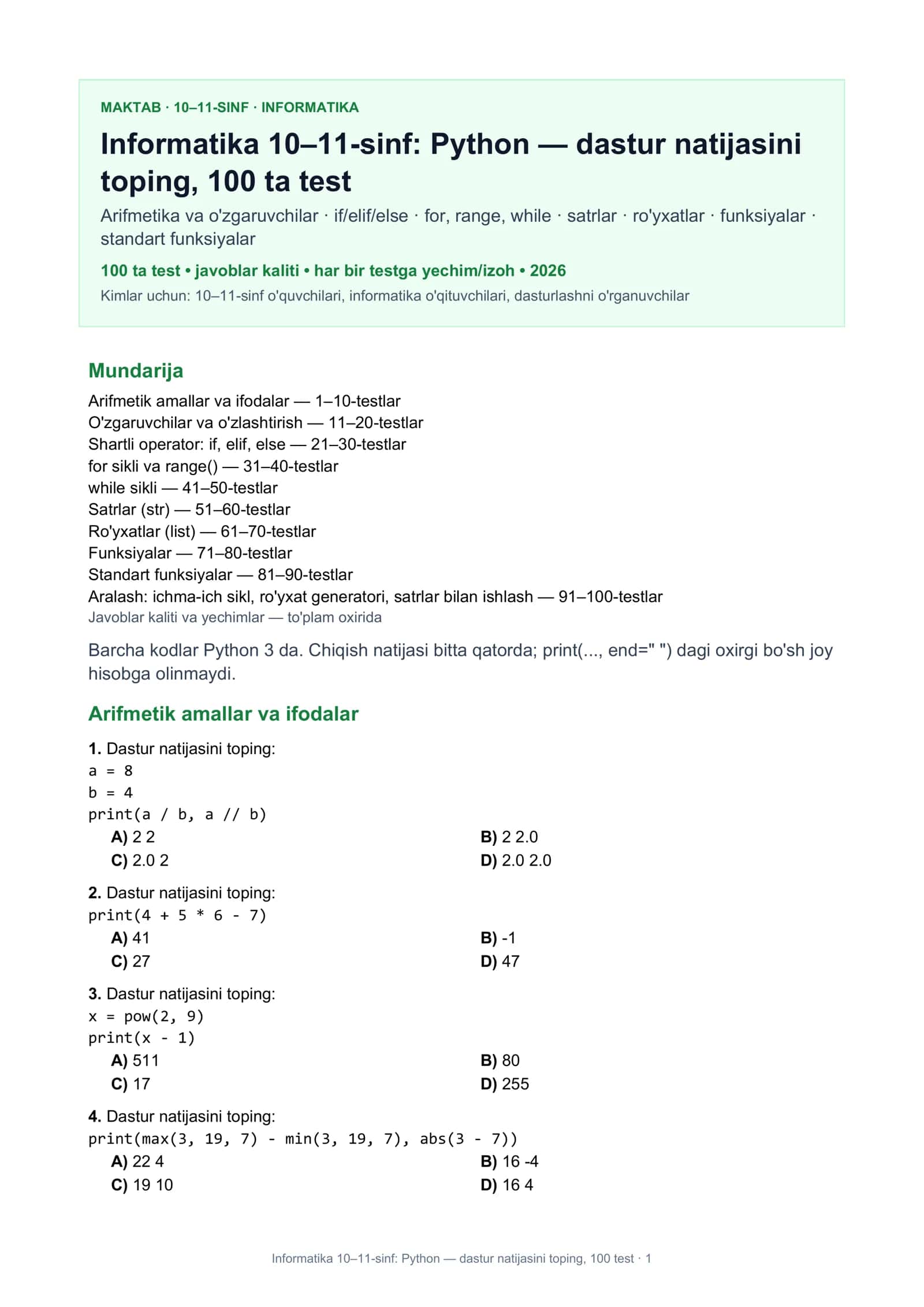 Informatika 10–11-sinf: Python — dastur natijasini toping, 100 test