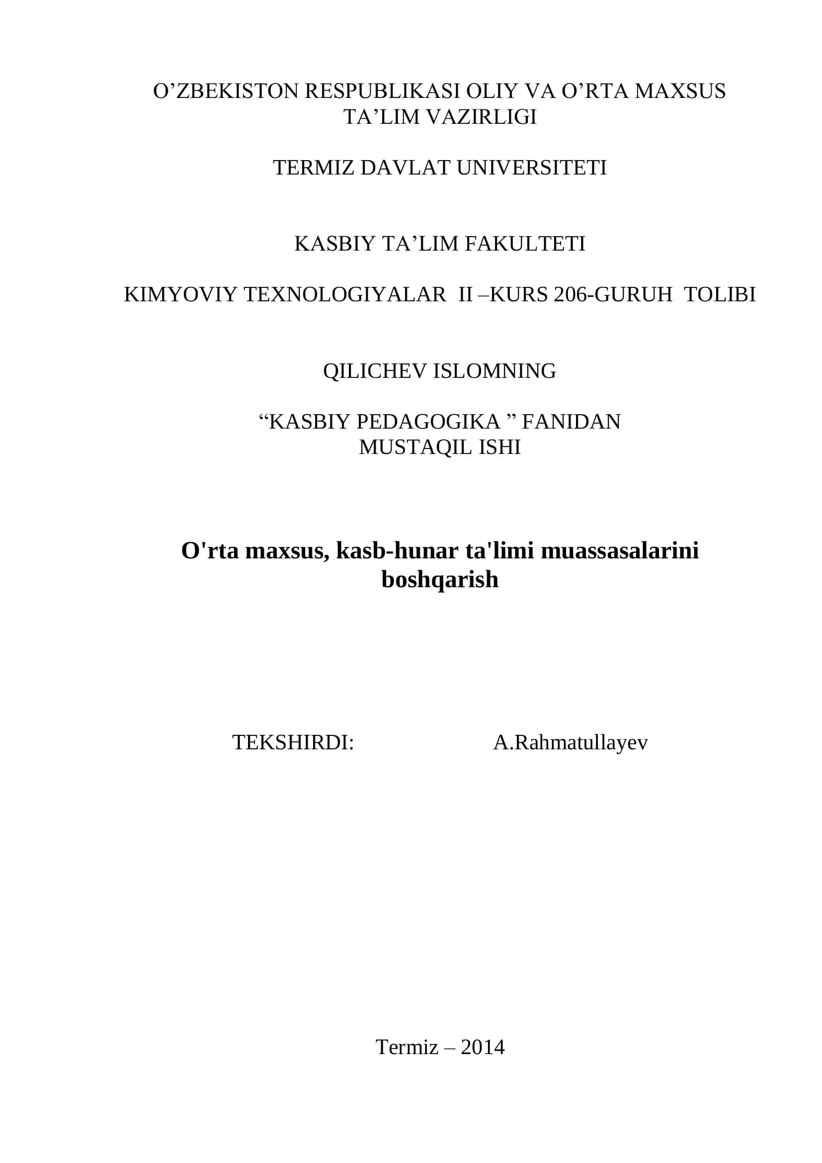 O'RTA MAXSUS, KASB-HUNAR TA'LIMI MUASSASALARINI BOSHQARISH
