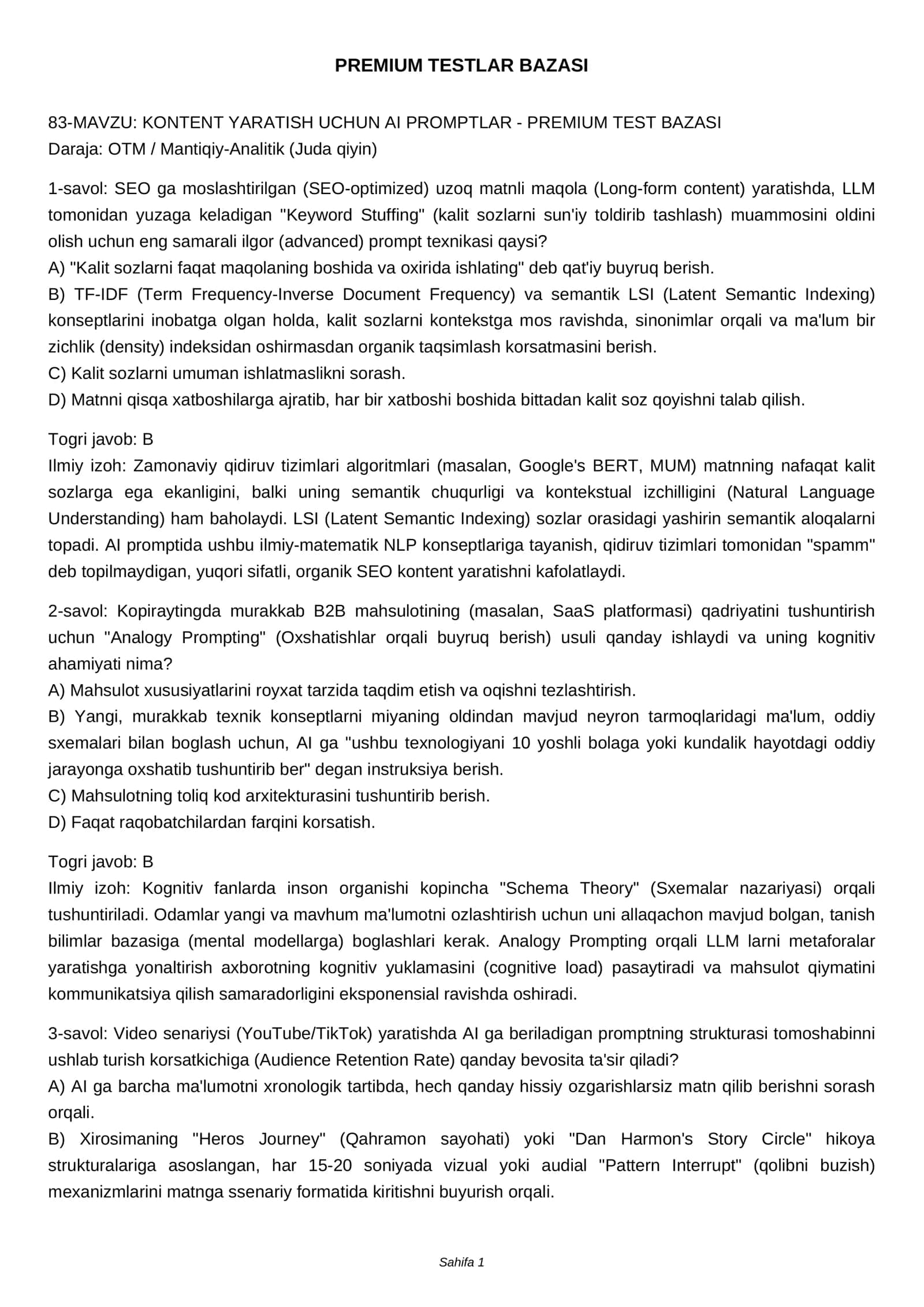 KONTENT YARATISH UCHUN AI PROMPTLAR