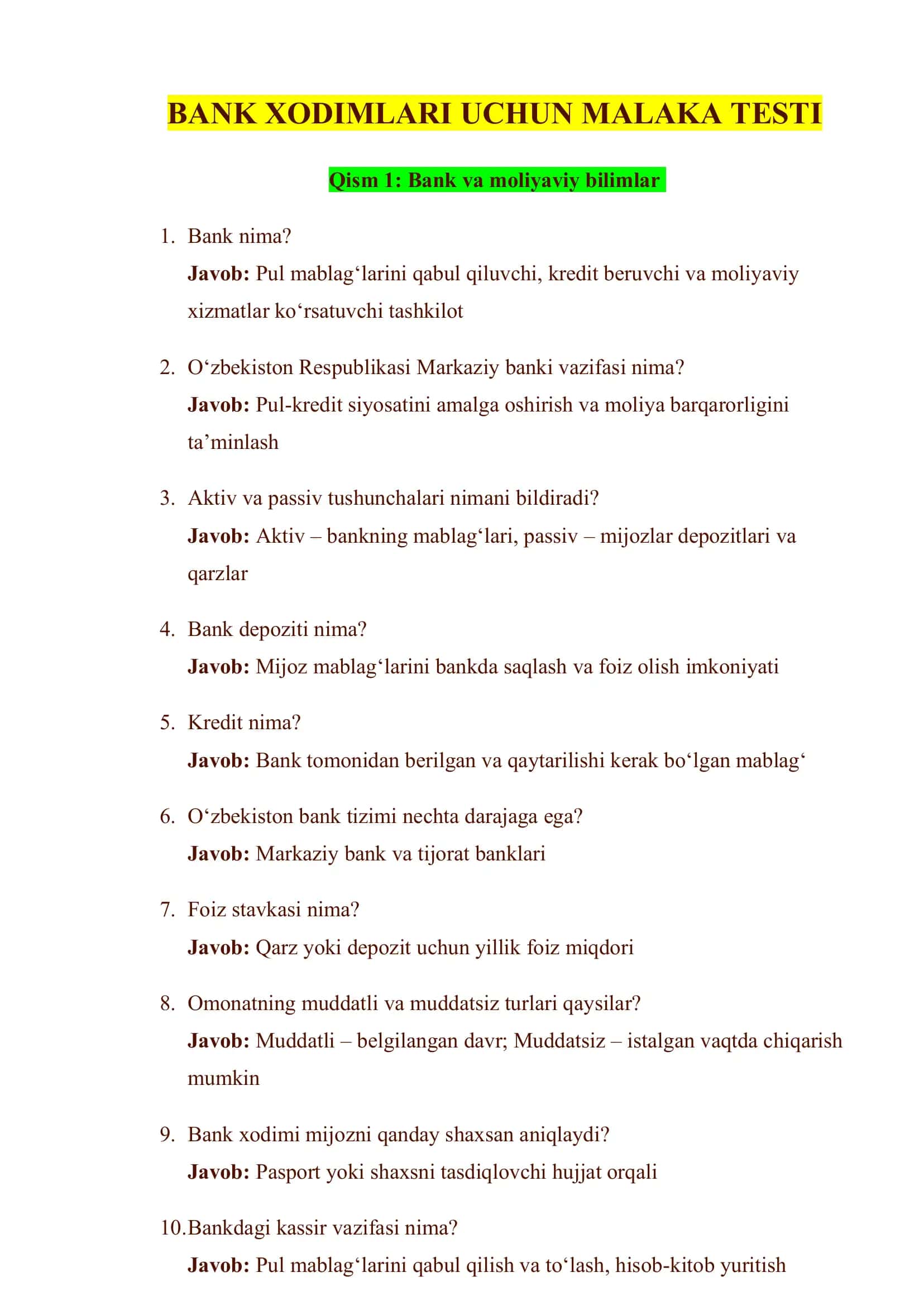 BANK XODIMLARI UCHUN MALAKA TESTI