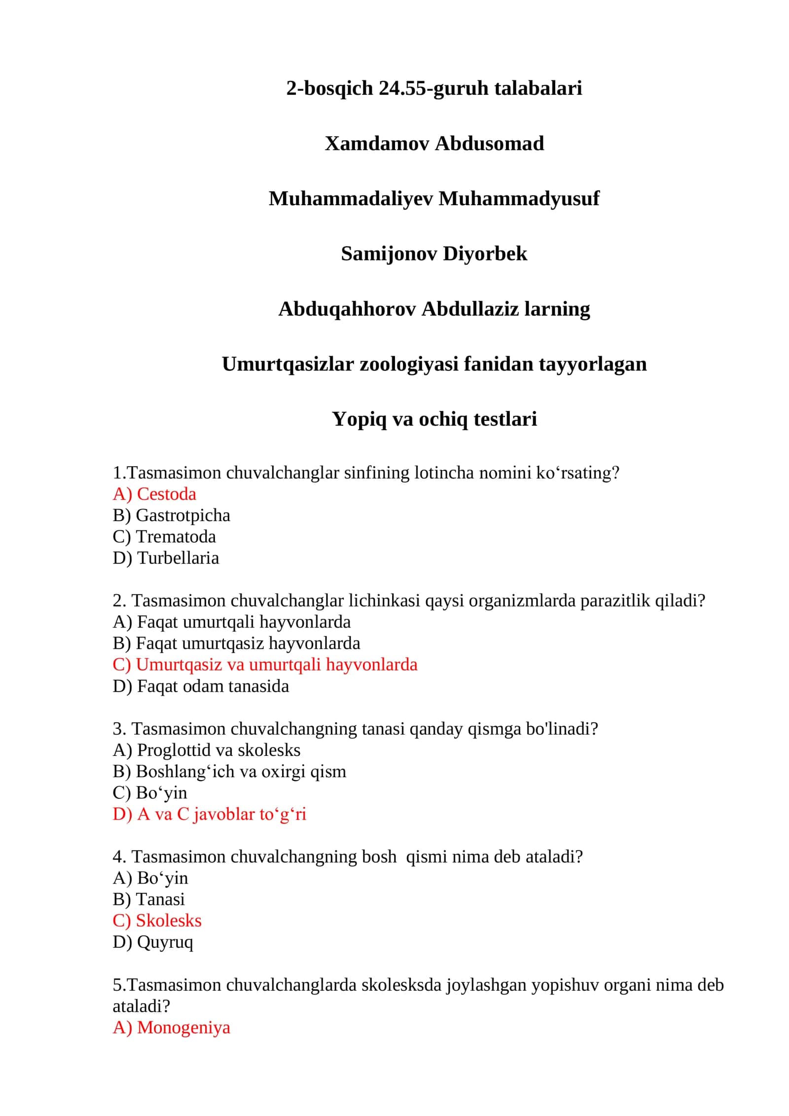 Umurtqasizlar zoologiyasi fanidan testlar