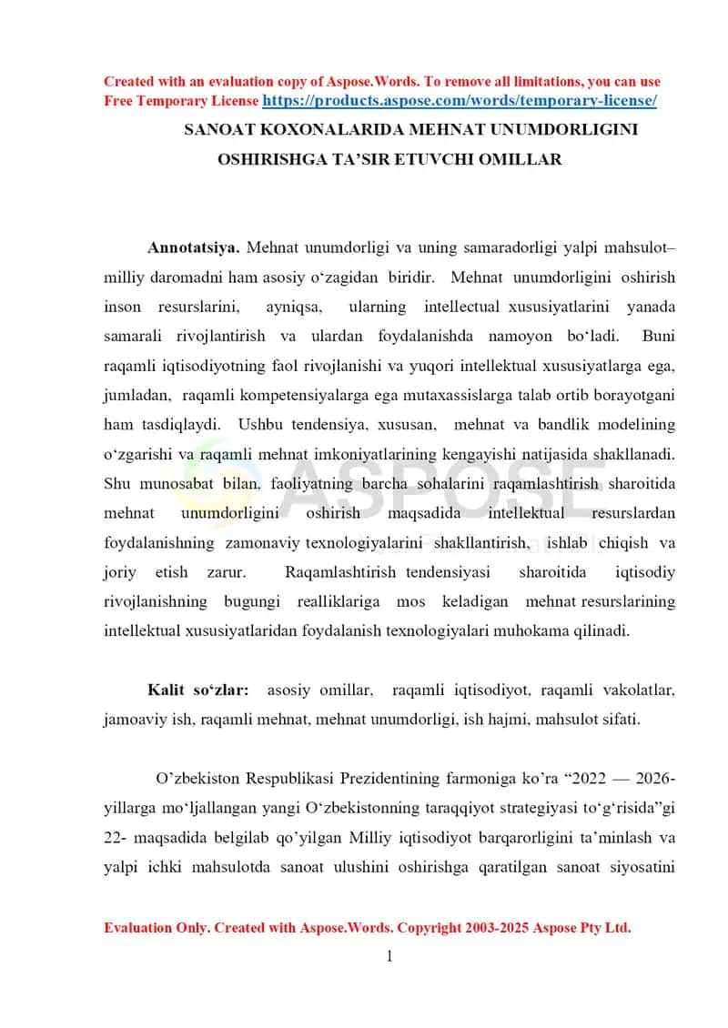 Sanoat korxonalarida mehnat unumdorligini oshirishga ta’sir etuvchi omillar