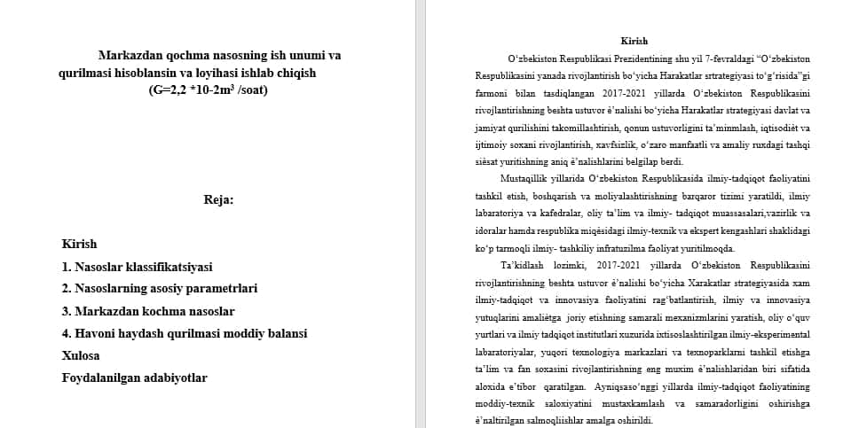 Markazdan qochma nasosning ish unumi va qurilmasi hisoblansin va loyihasi ishlab chiqish (G=2,2 *10-2m3 /soat)